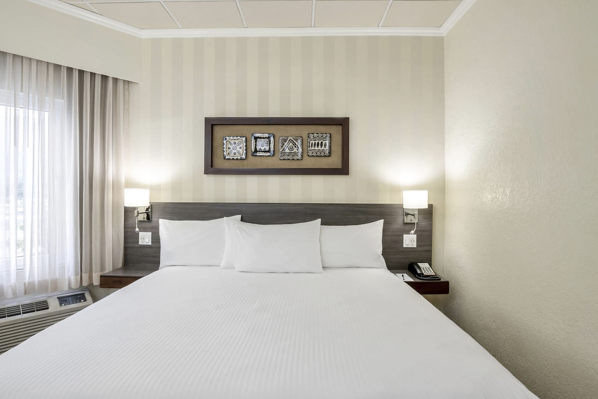 A hotel room with a large bed, a headboard with a light fixture, a bedside table with a phone, and a framed artwork above the bed.