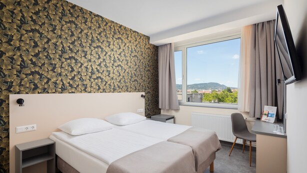 Una habitación de hotel con una cama grande, un escritorio y un televisor.