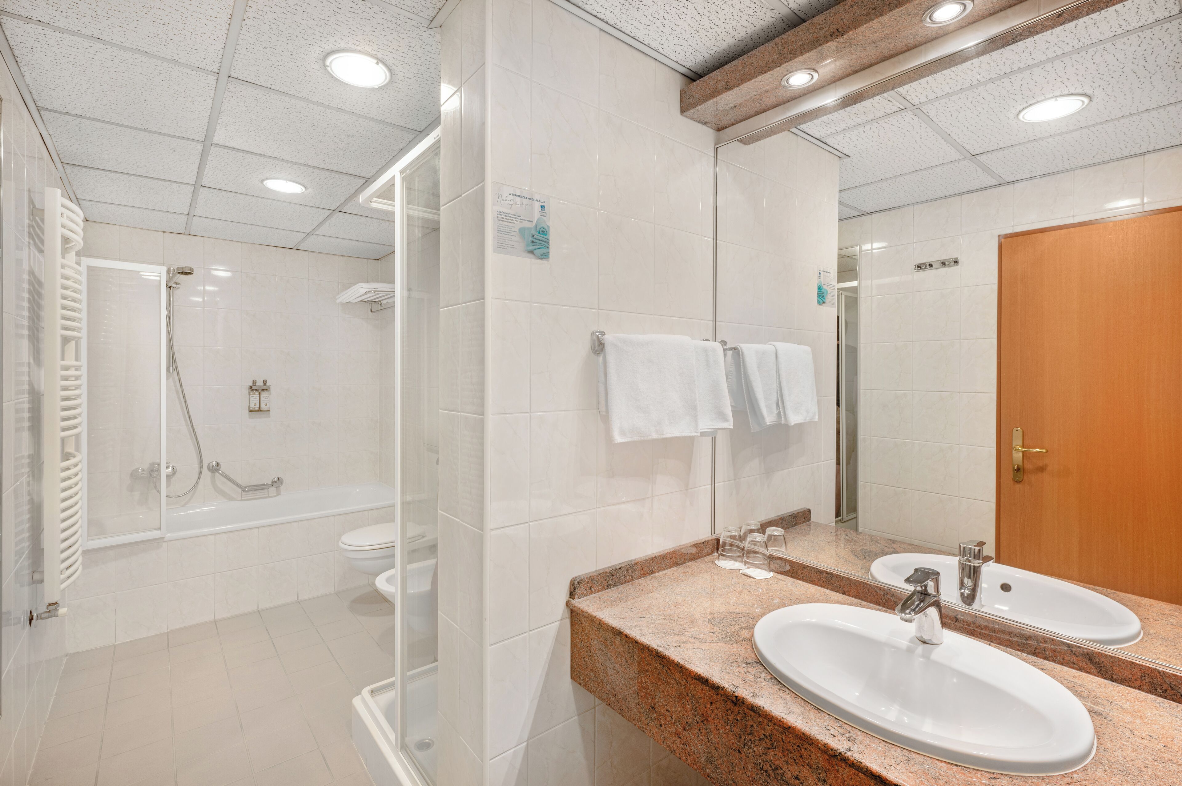 A modern bathroom with a glass-enclosed shower, a bathtub, a toilet, and a sink with a mirror.