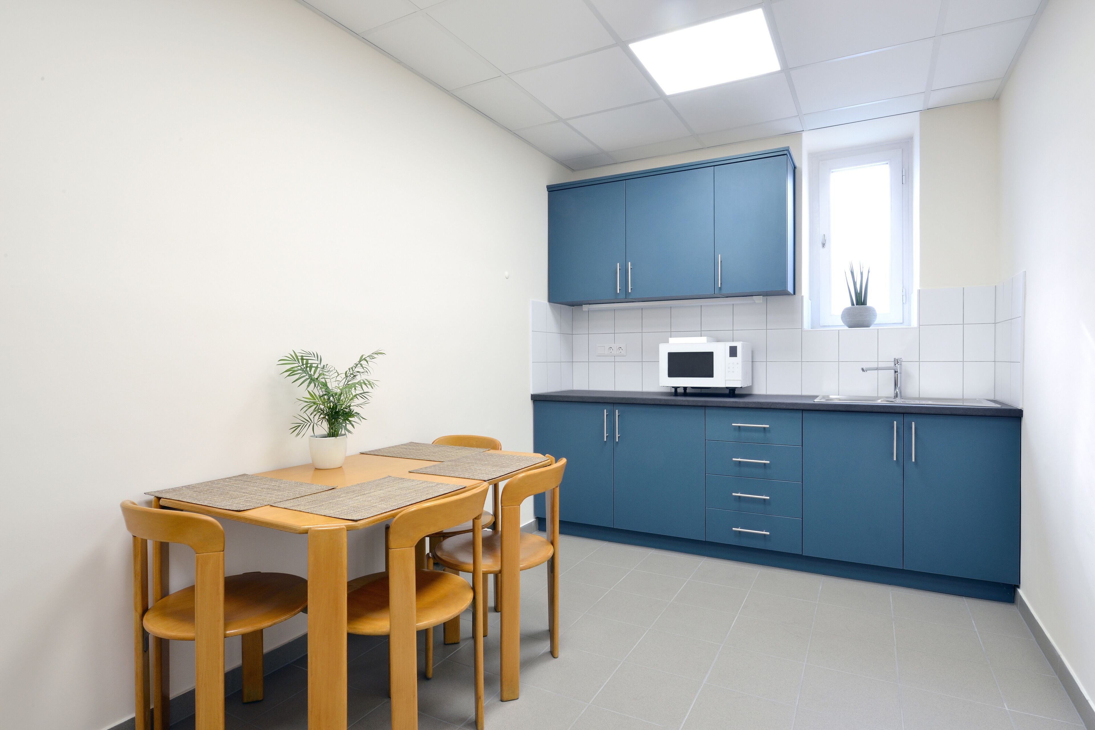 Una cocina compacta con armarios azules, un microondas blanco y una pequeña ventana con una planta.