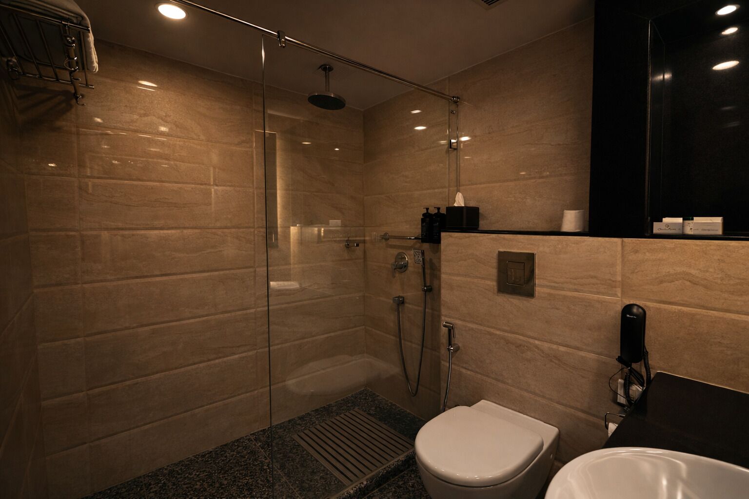 A modern bathroom with a glass-enclosed shower, a toilet, and a sink.