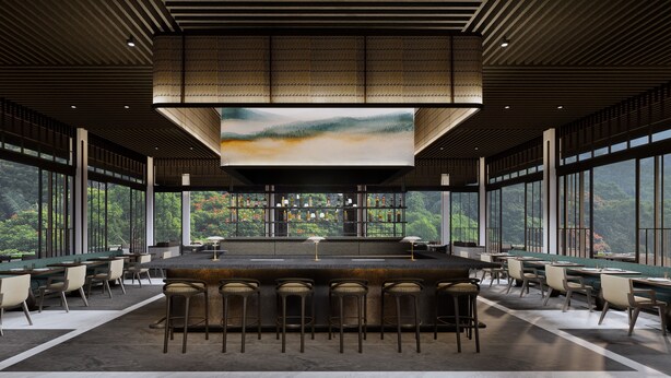 A modern bar area with a large screen, bar stools, and a view of greenery through large windows. - Padma Hotel Bandung (Bandung)