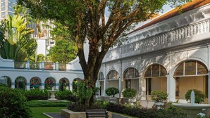 Um pátio com uma árvore grande, bancos e uma fonte. Há plantas em vasos e um edifício branco com janelas em arco.