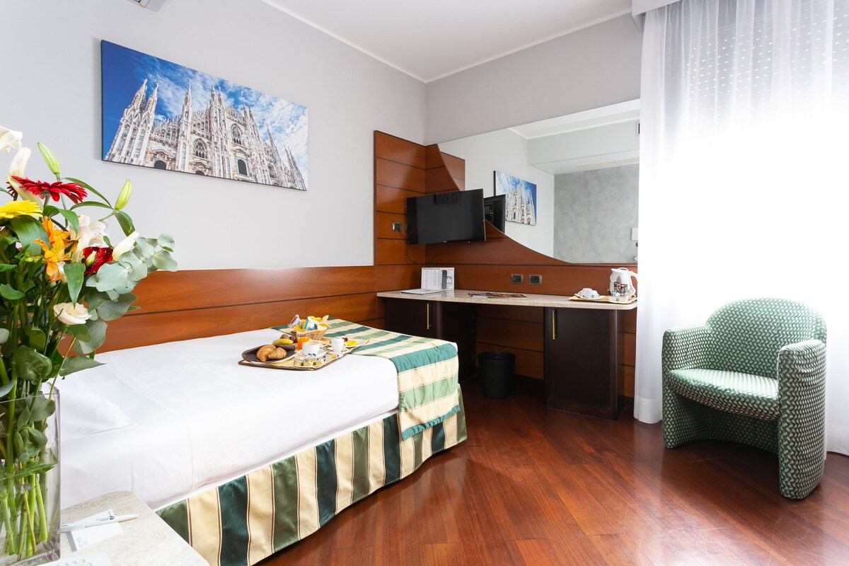Een hotelkamer met een bed, een bureau, een stoel, een televisie en een schilderij van een kathedraal.