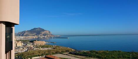 A coastal cityscape with a prominent mountain, a marina, and a mix of residential and commercial buildings.