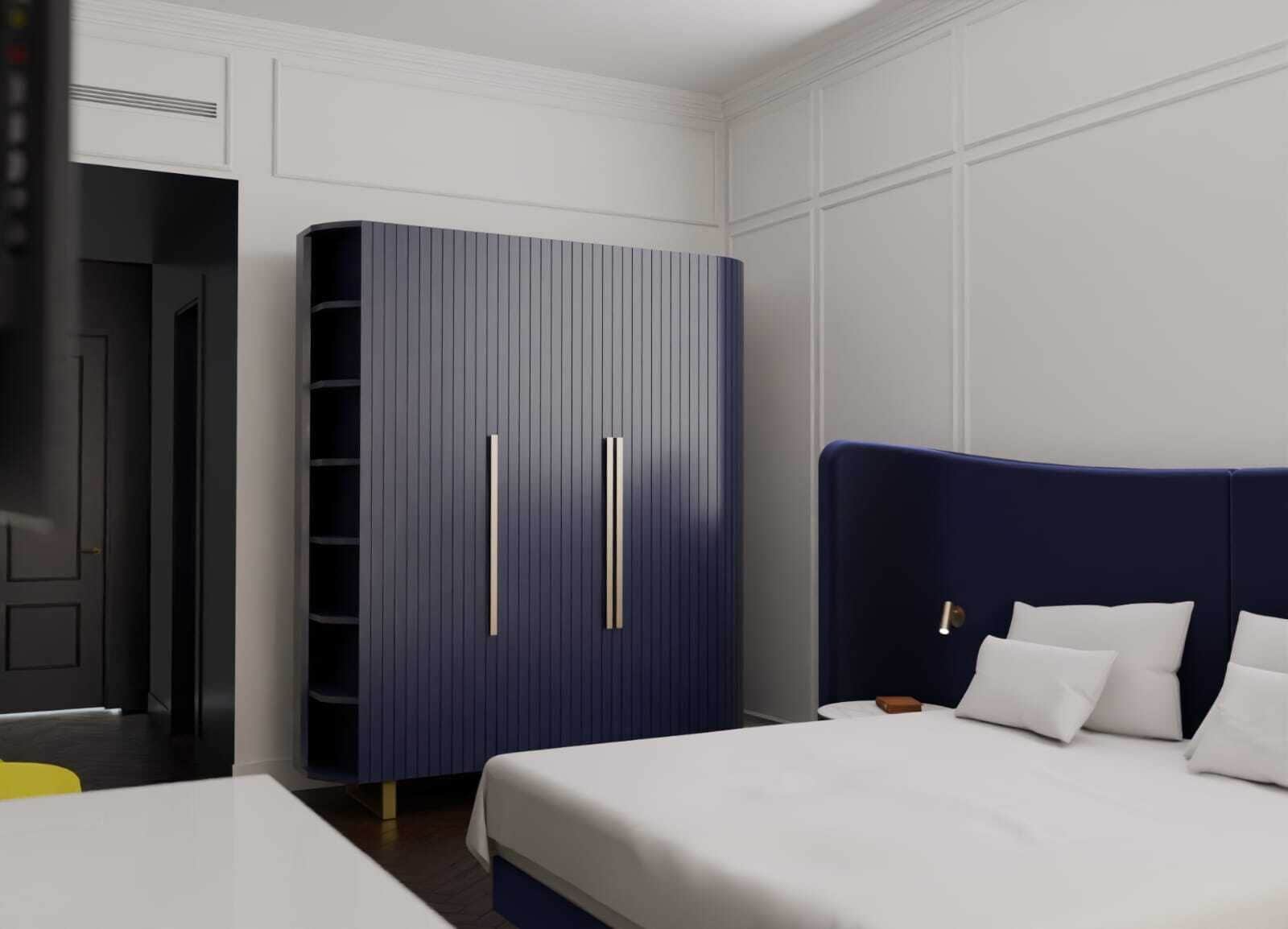 A modern bedroom with a large bed, a wardrobe, and a desk.