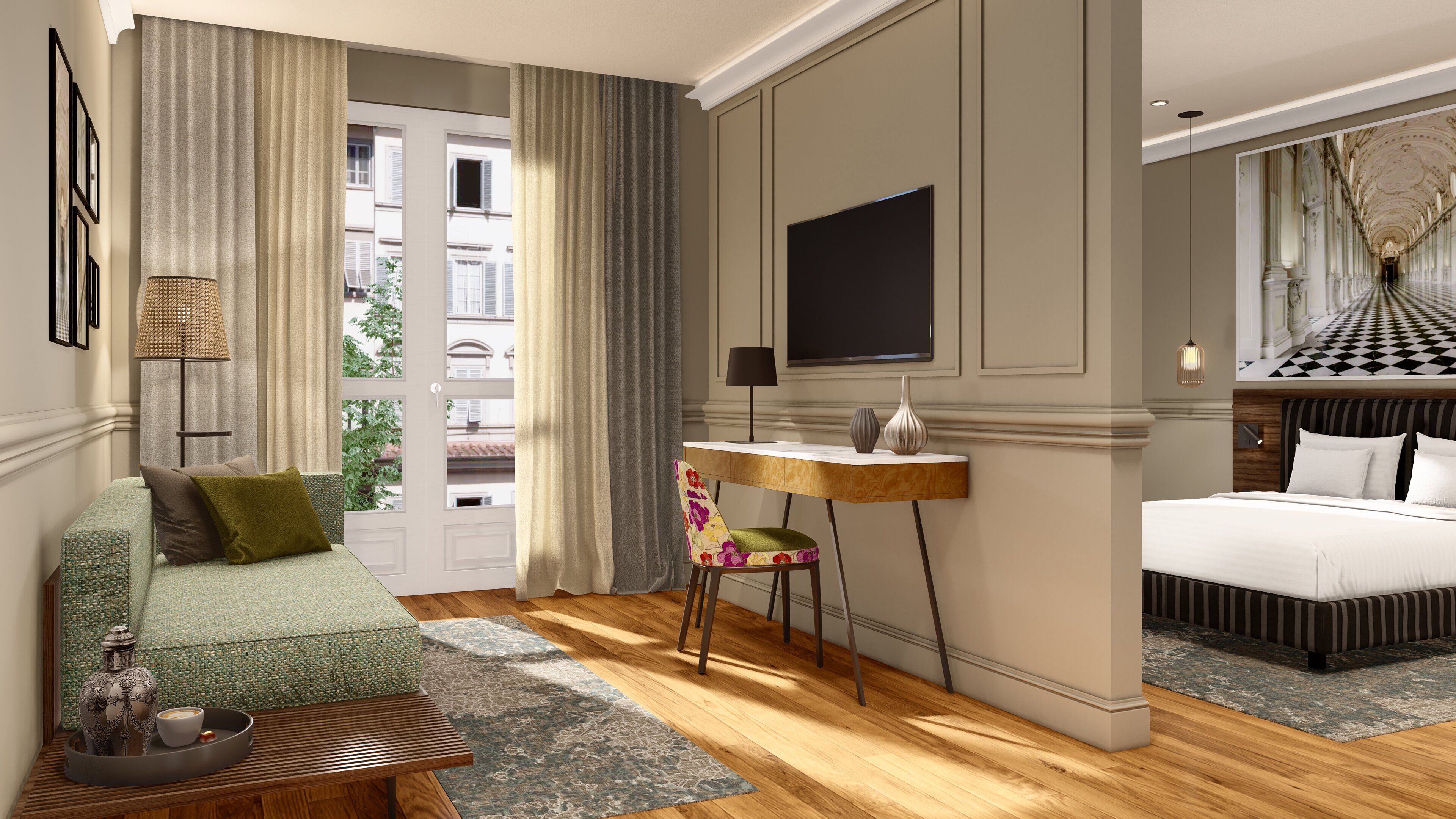 Une chambre d’hôtel avec un canapé, un bureau, un lit et une vue sur la ville.