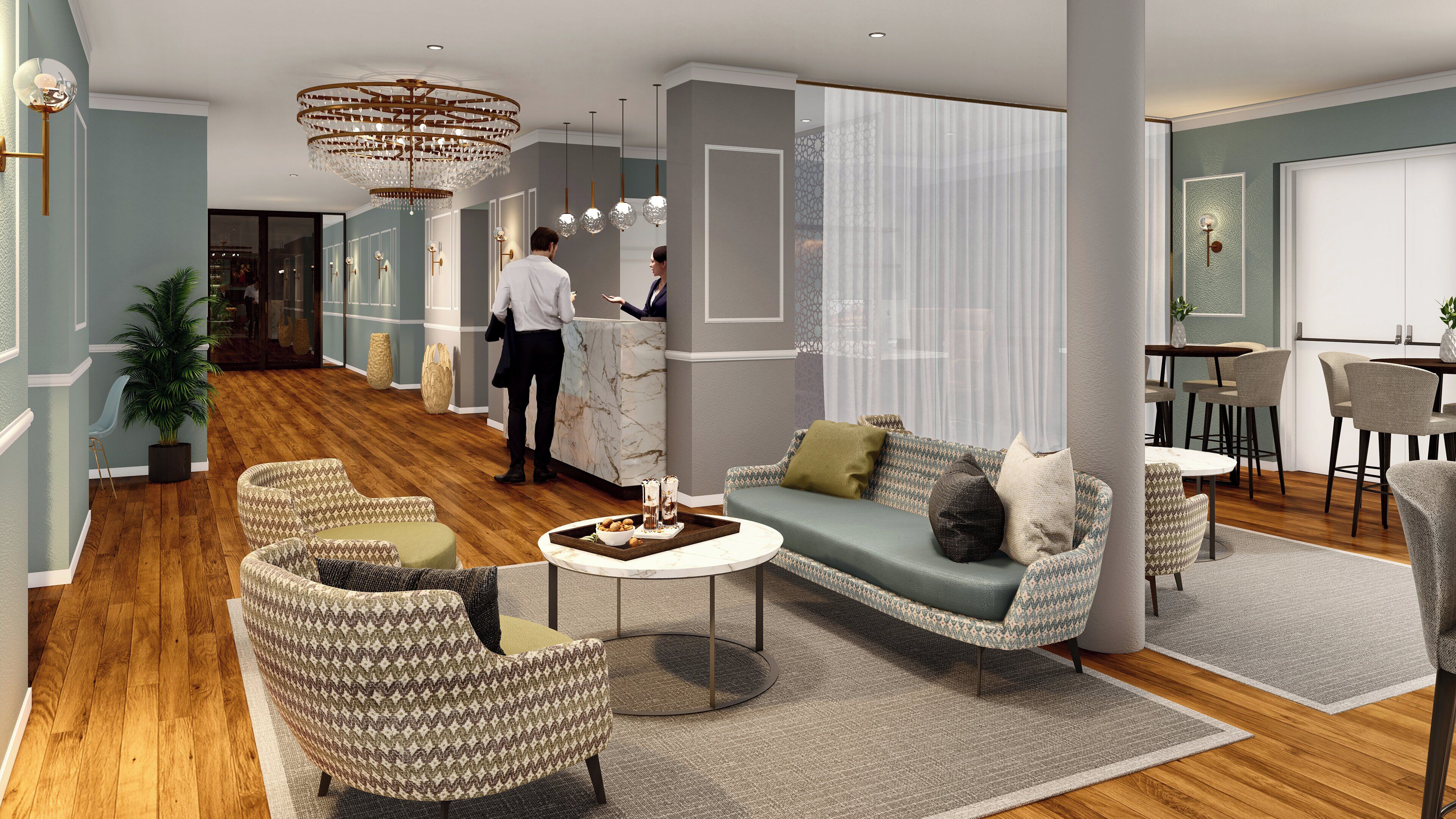 A modern lobby with a reception desk, seating area, and a bar.