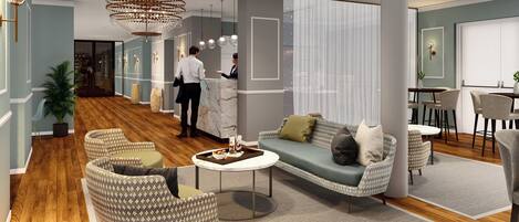 A modern lobby with a reception desk, seating area, and a bar.
