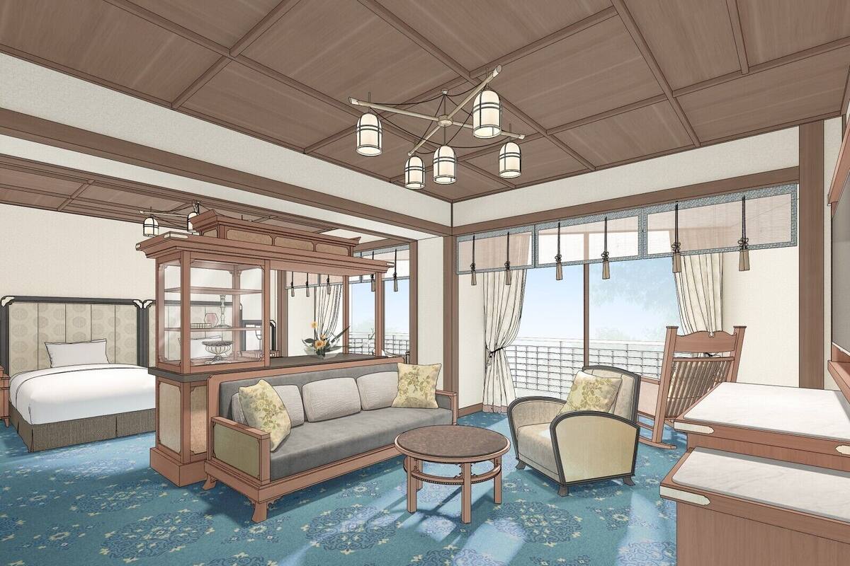 A room with a bed, sofa, chairs, a small table, a wooden cabinet, and a large window with curtains.