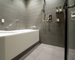 A modern bathroom with a bathtub, shower, and handrails.