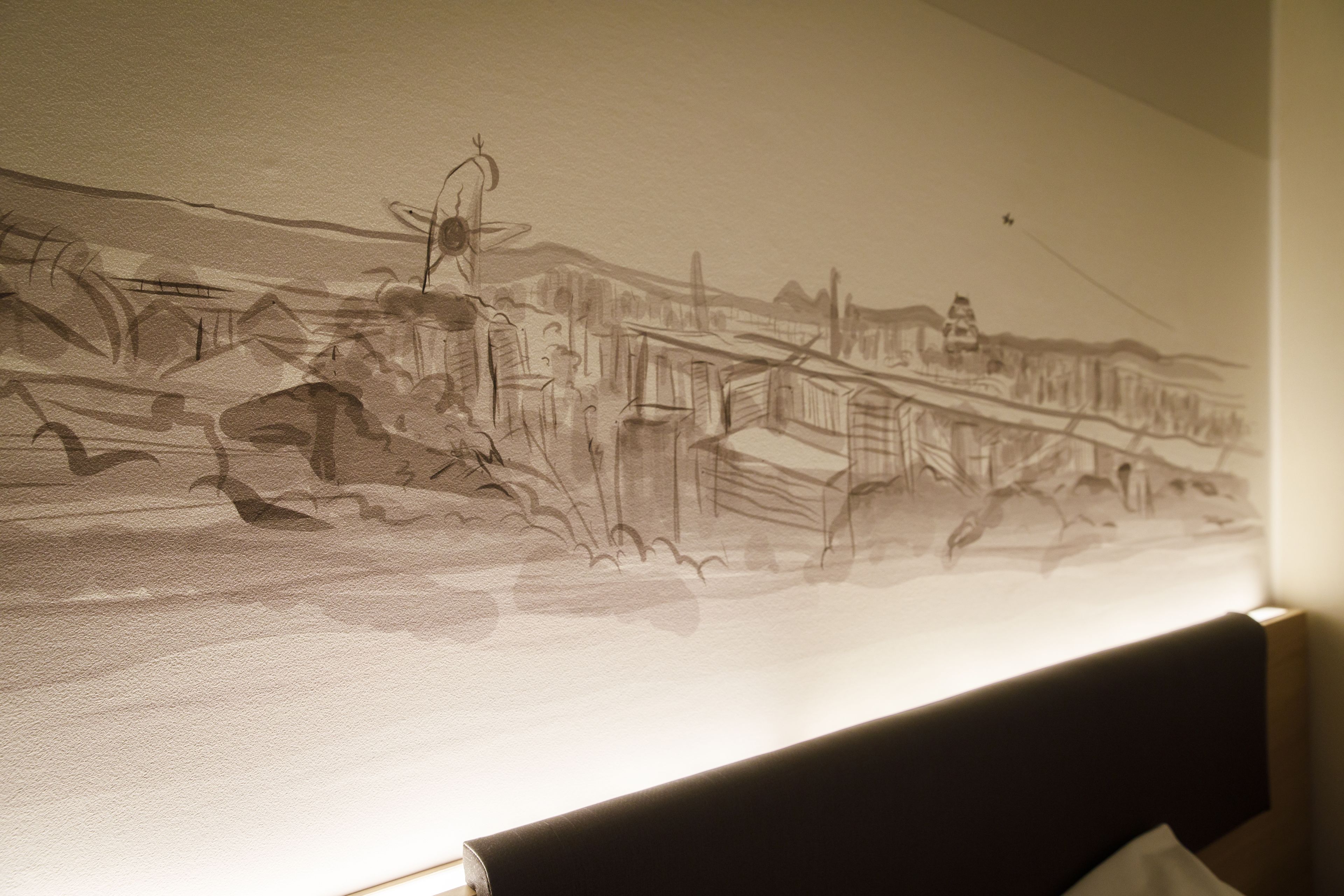 A detailed sketch of a coastal town with buildings, a bridge, and a lighthouse.