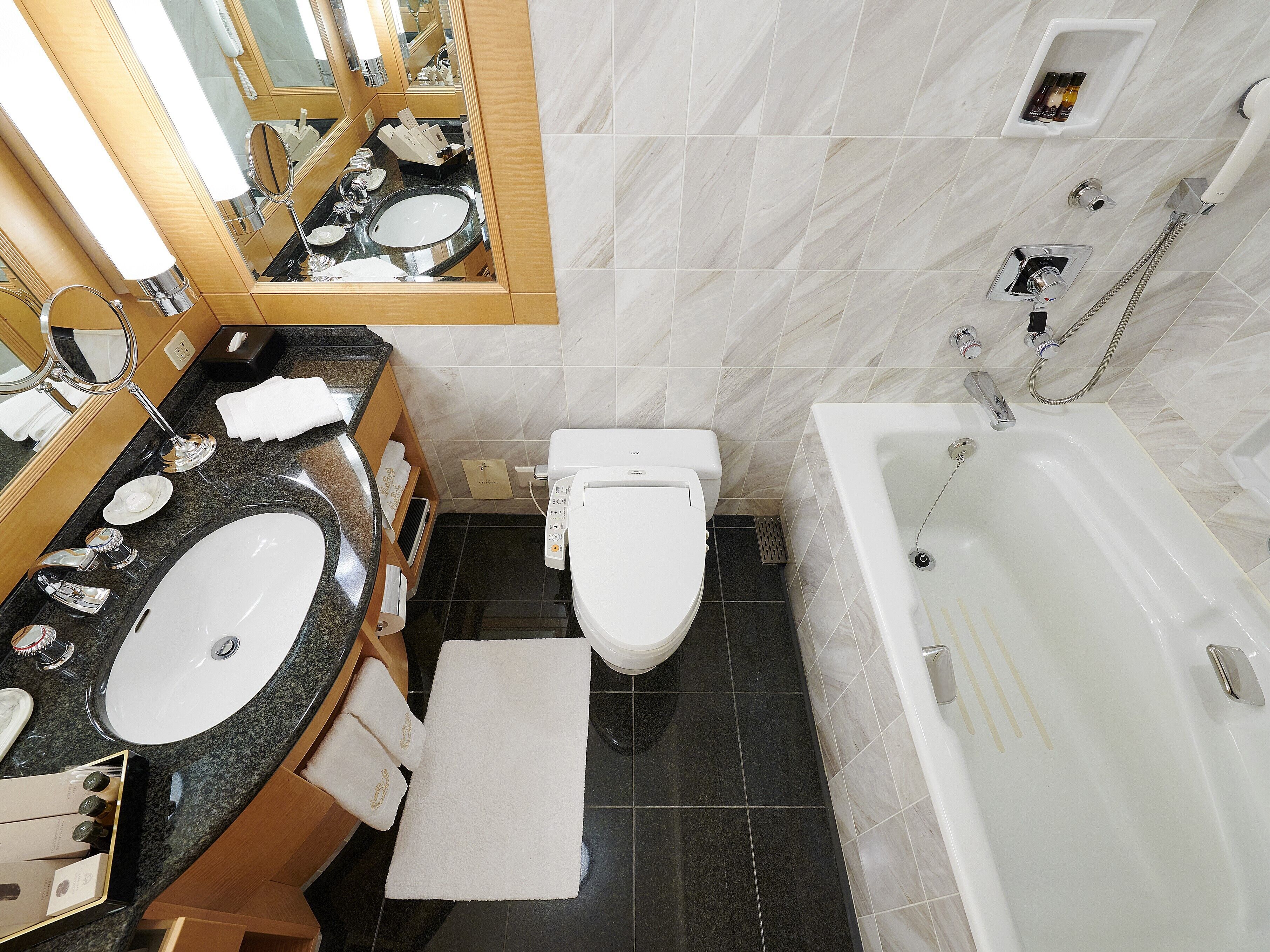 combined shower/bathtub, deep-soaking bathtub, rainfall showerhead