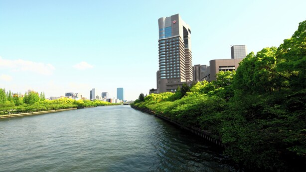 Un río con edificios a un lado y vegetación al otro.