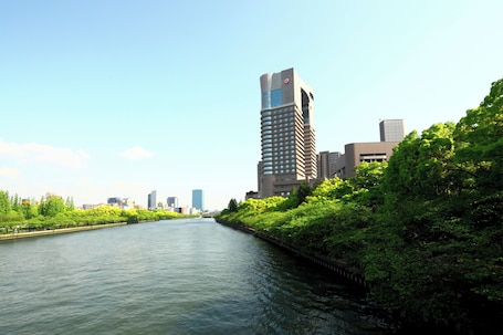 A river with buildings on one side and greenery on the other.