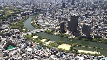 Uma área urbana densamente construída, com um rio, pontes e um estádio.