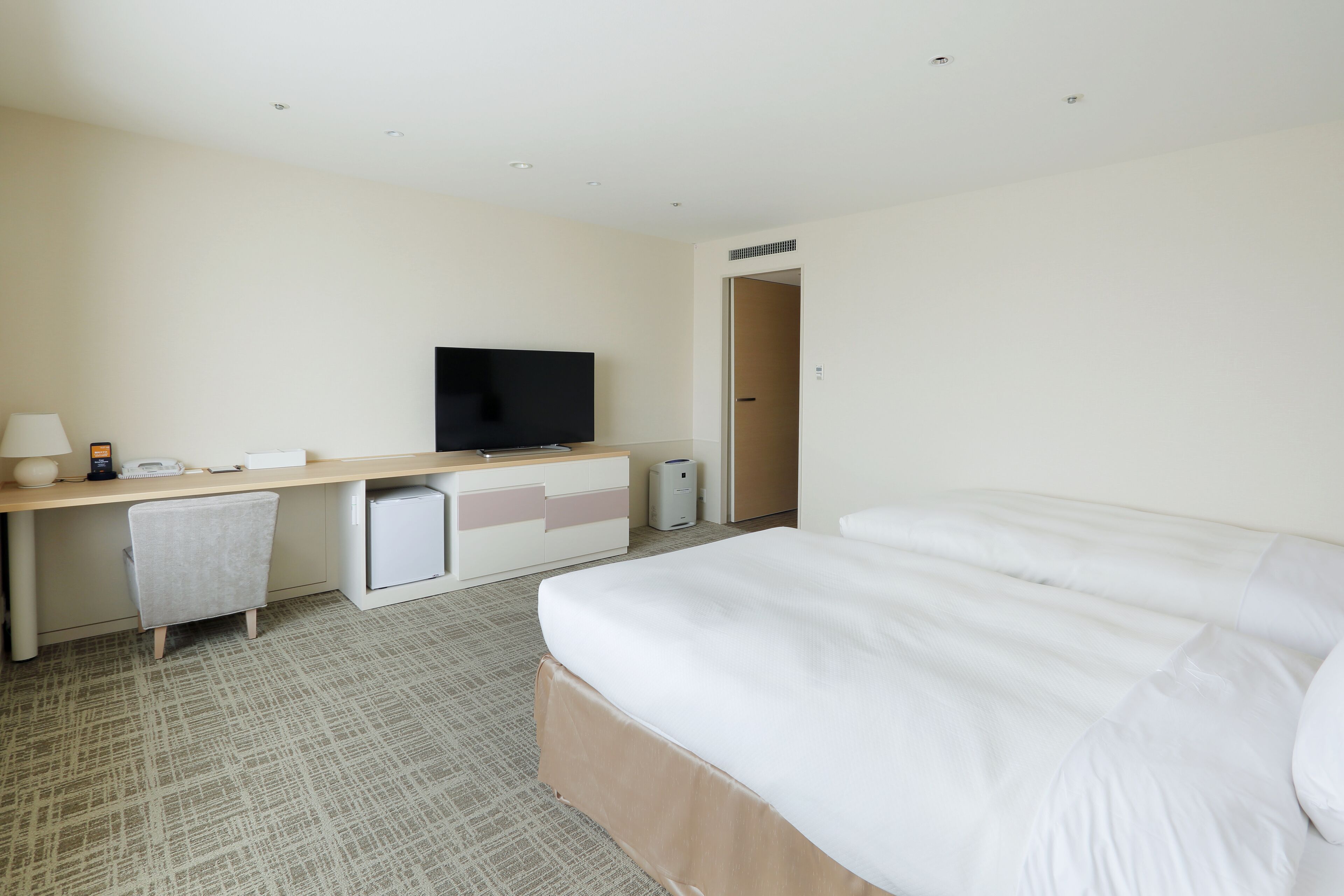 Una habitación de hotel con una cama, un escritorio con televisor, una silla y un pequeño armario.