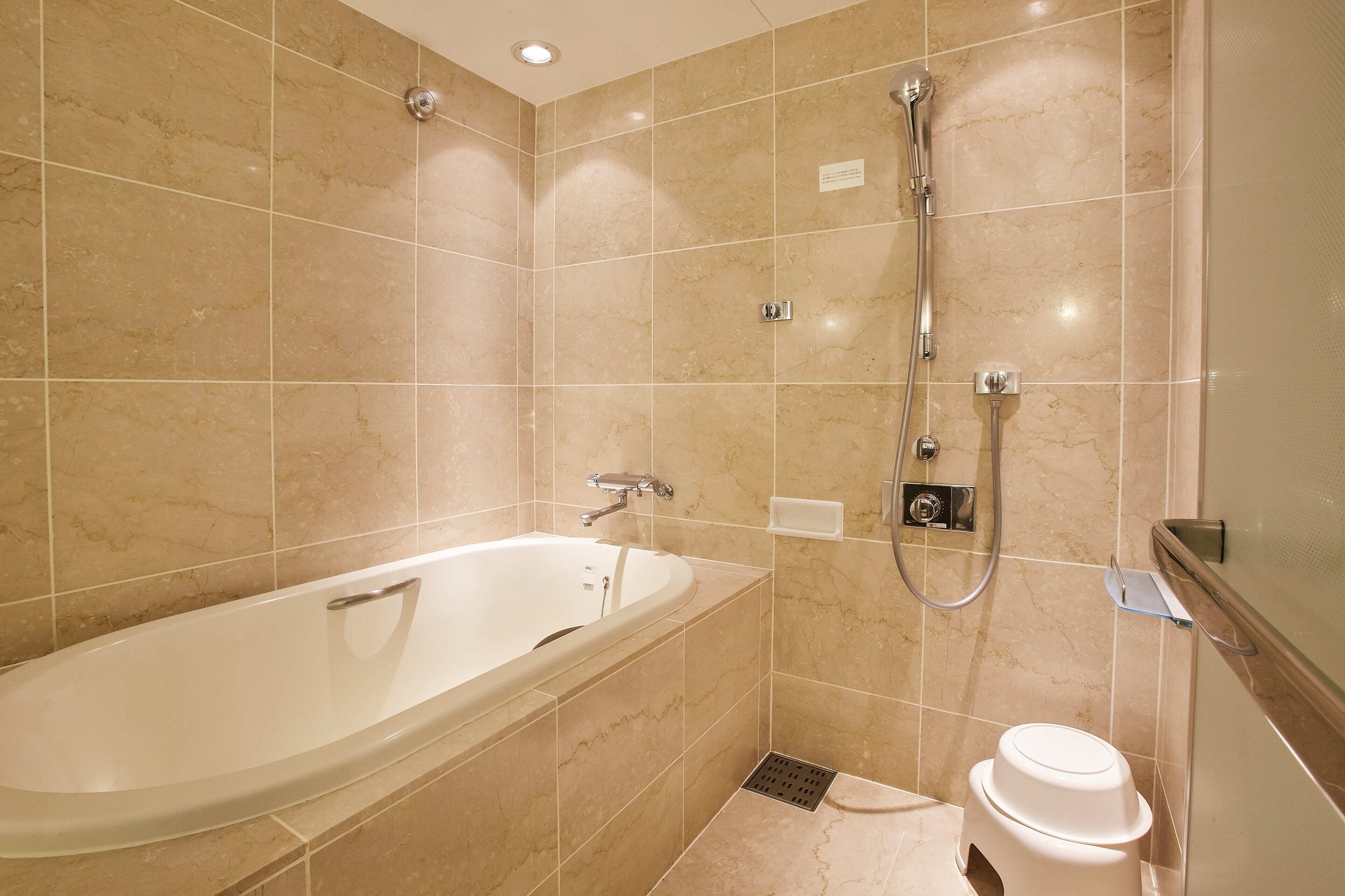A modern bathroom with a freestanding bathtub, a handheld showerhead, and a toilet.