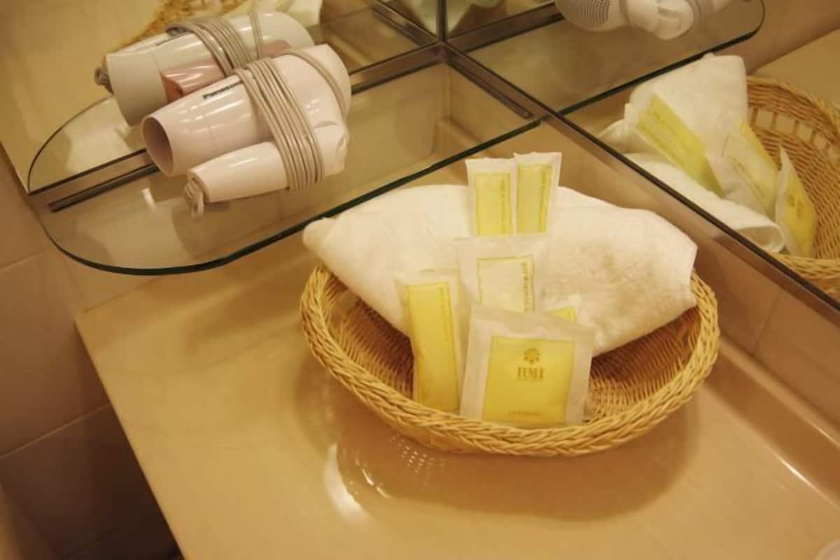 Combined shower/bathtub, free toiletries, hair dryer, slippers