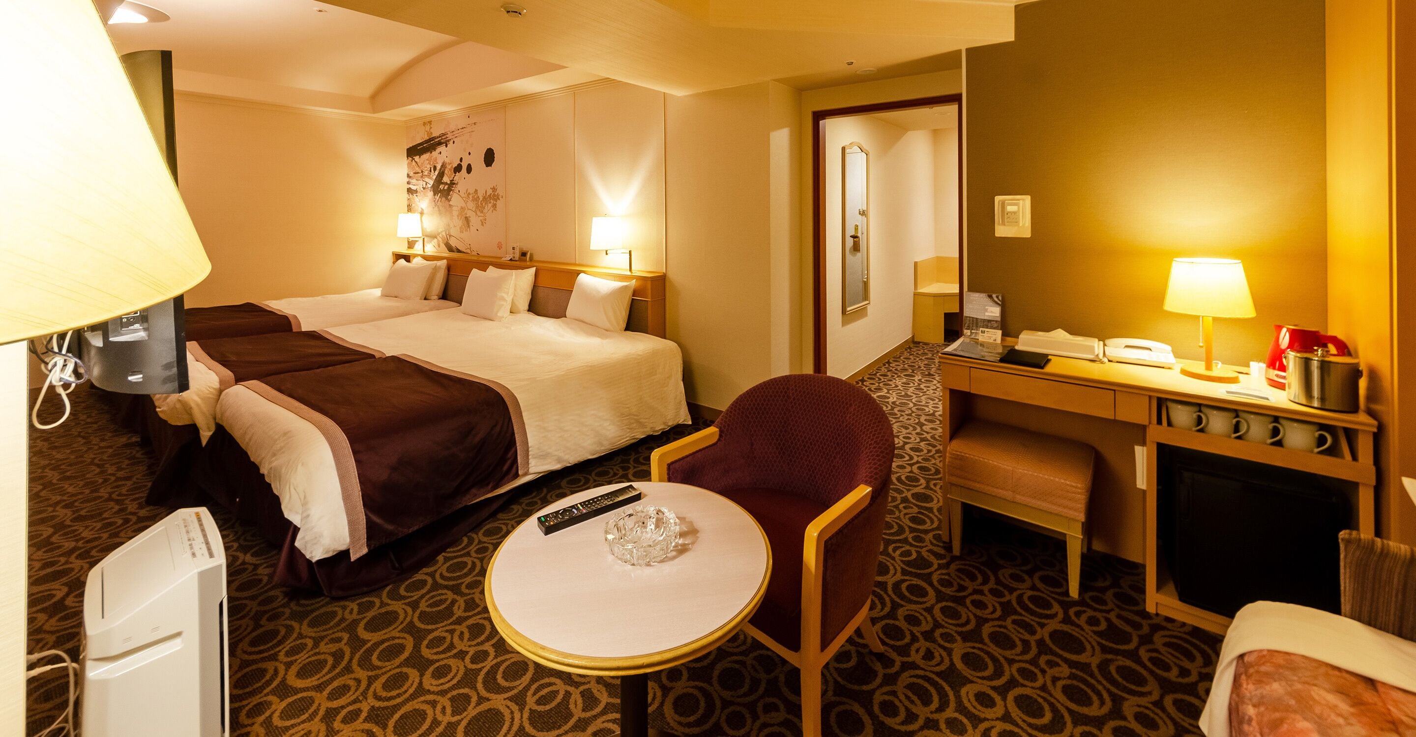 Down duvets, desk, blackout curtains, iron/ironing board