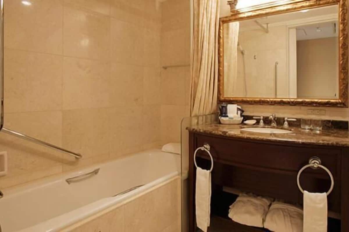 Ensemble douche/baignoire, articles de toilette de luxe, sèche-cheveux