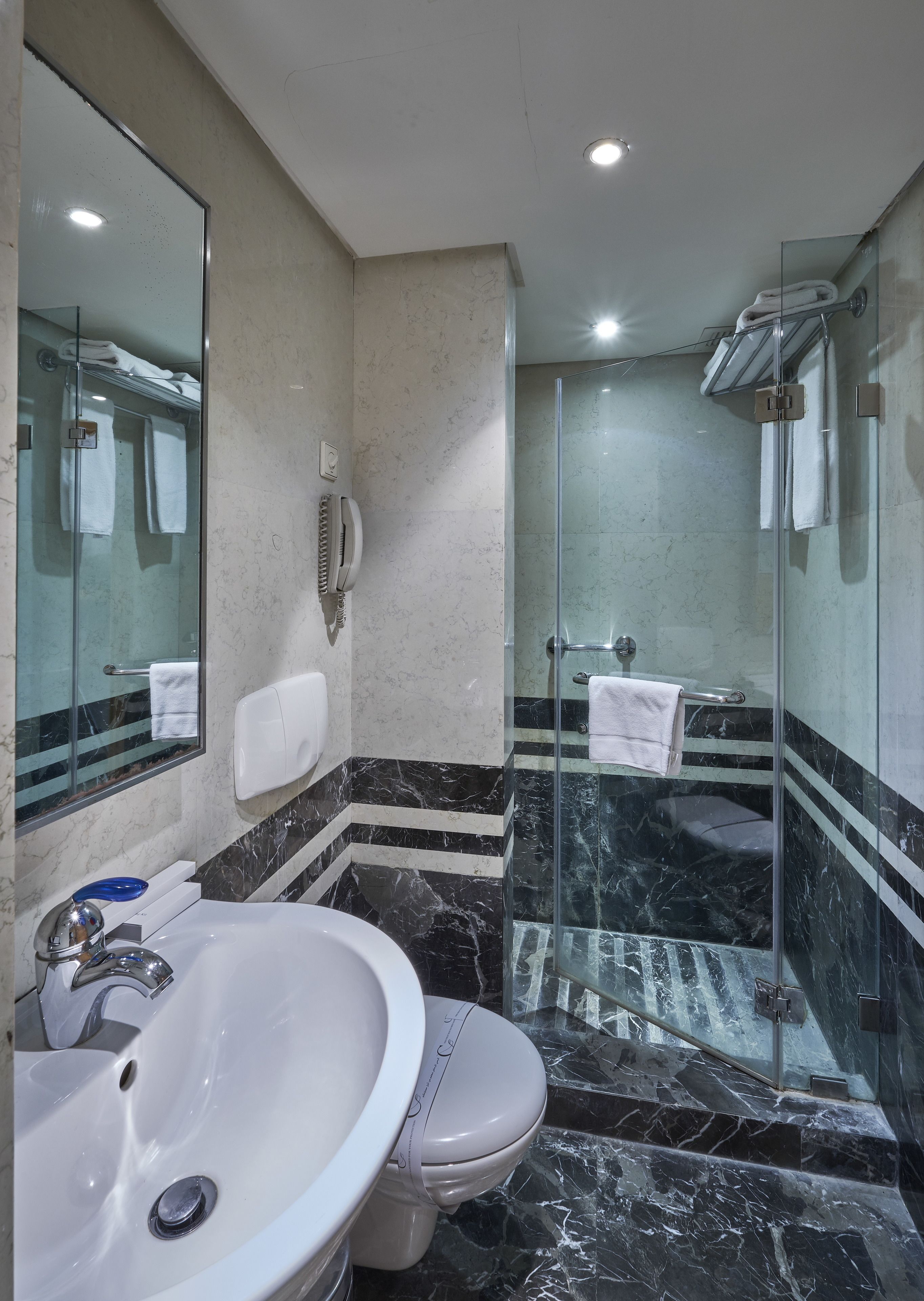 A modern bathroom with a marble sink, toilet, and a glass-enclosed shower.