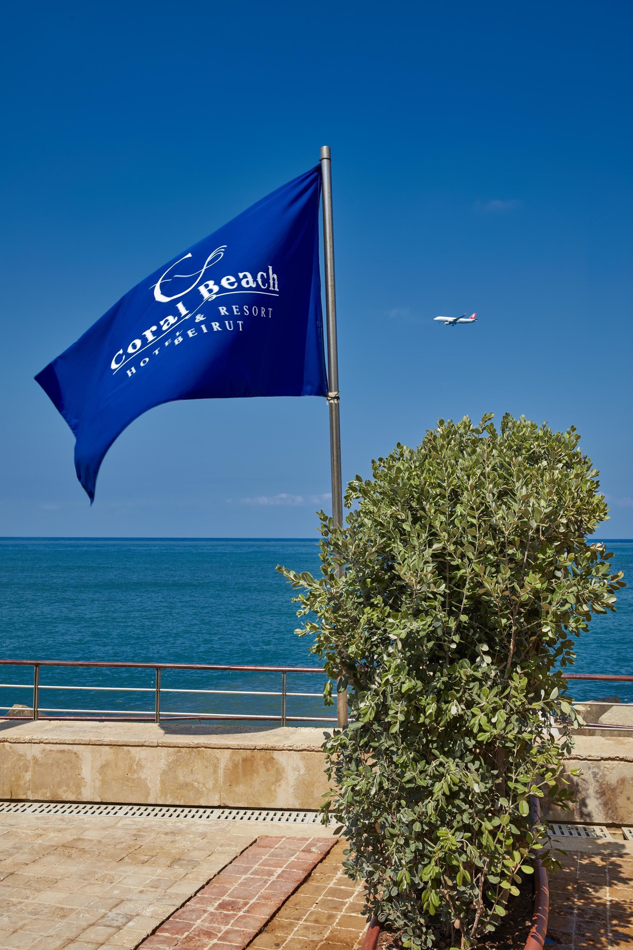 A flag with "Coral Beach Hotel & Resort" text, a potted plant, and a clear blue sky with a distant airplane.
