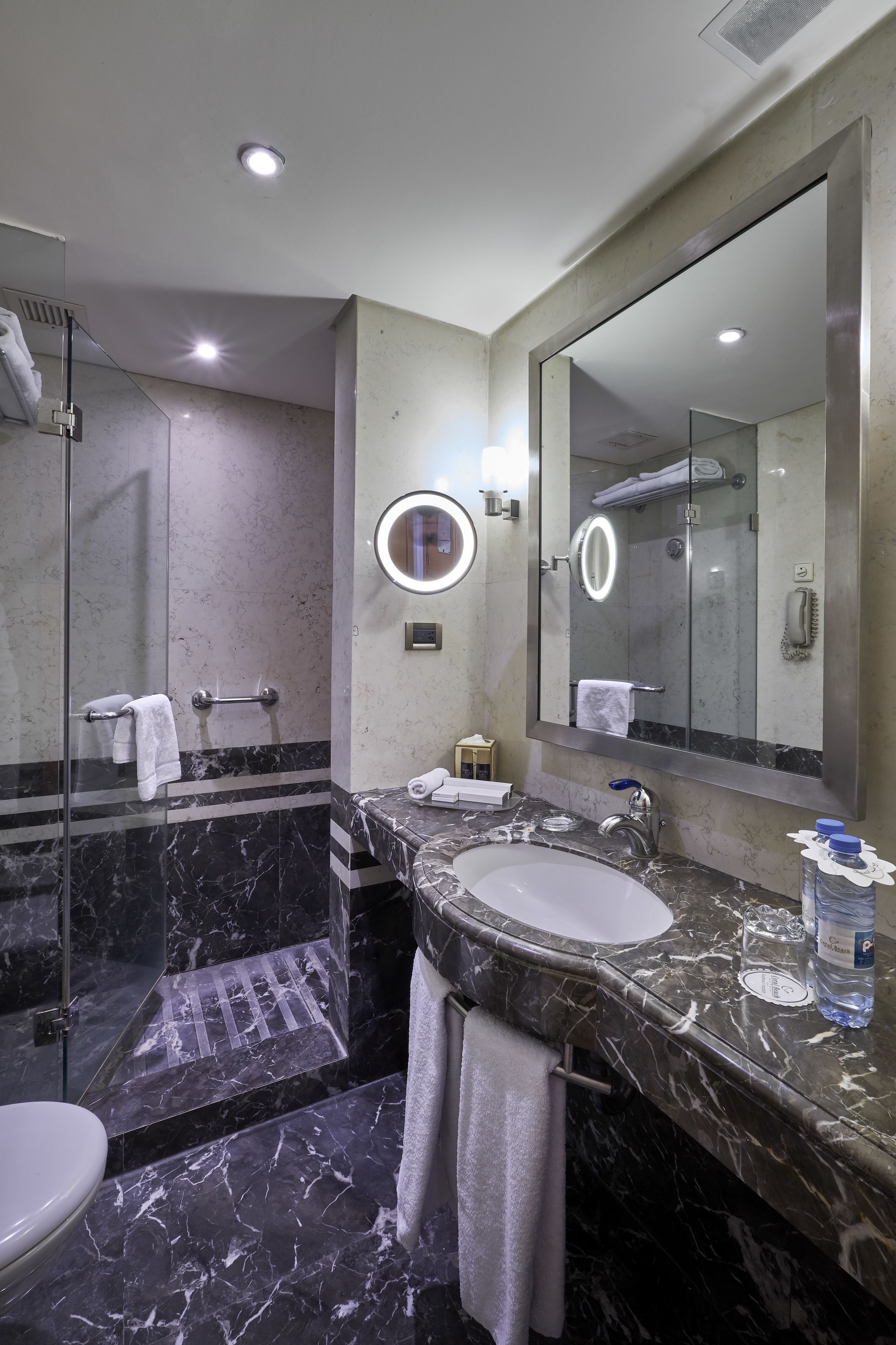 A modern bathroom with a marble sink, a large mirror, a glass shower enclosure, and a toilet.