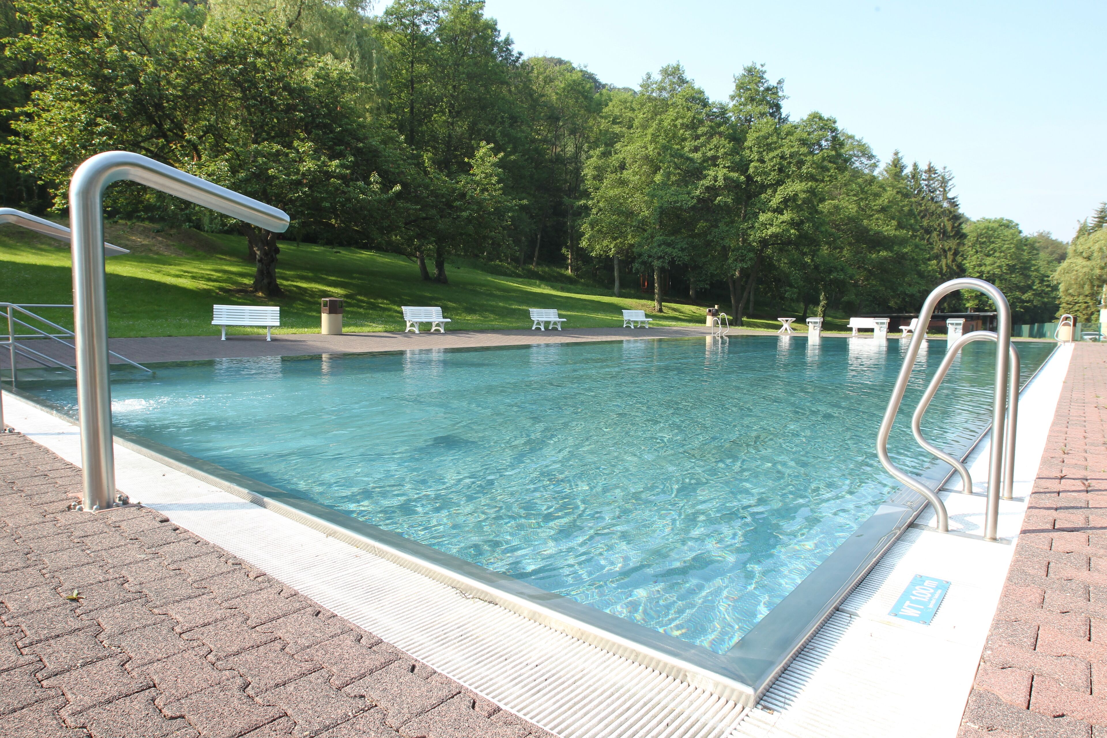 Una piscina rectangular con agua azul cristalina, rodeada por un sendero de ladrillo y barandillas metálicas junto a la piscina.