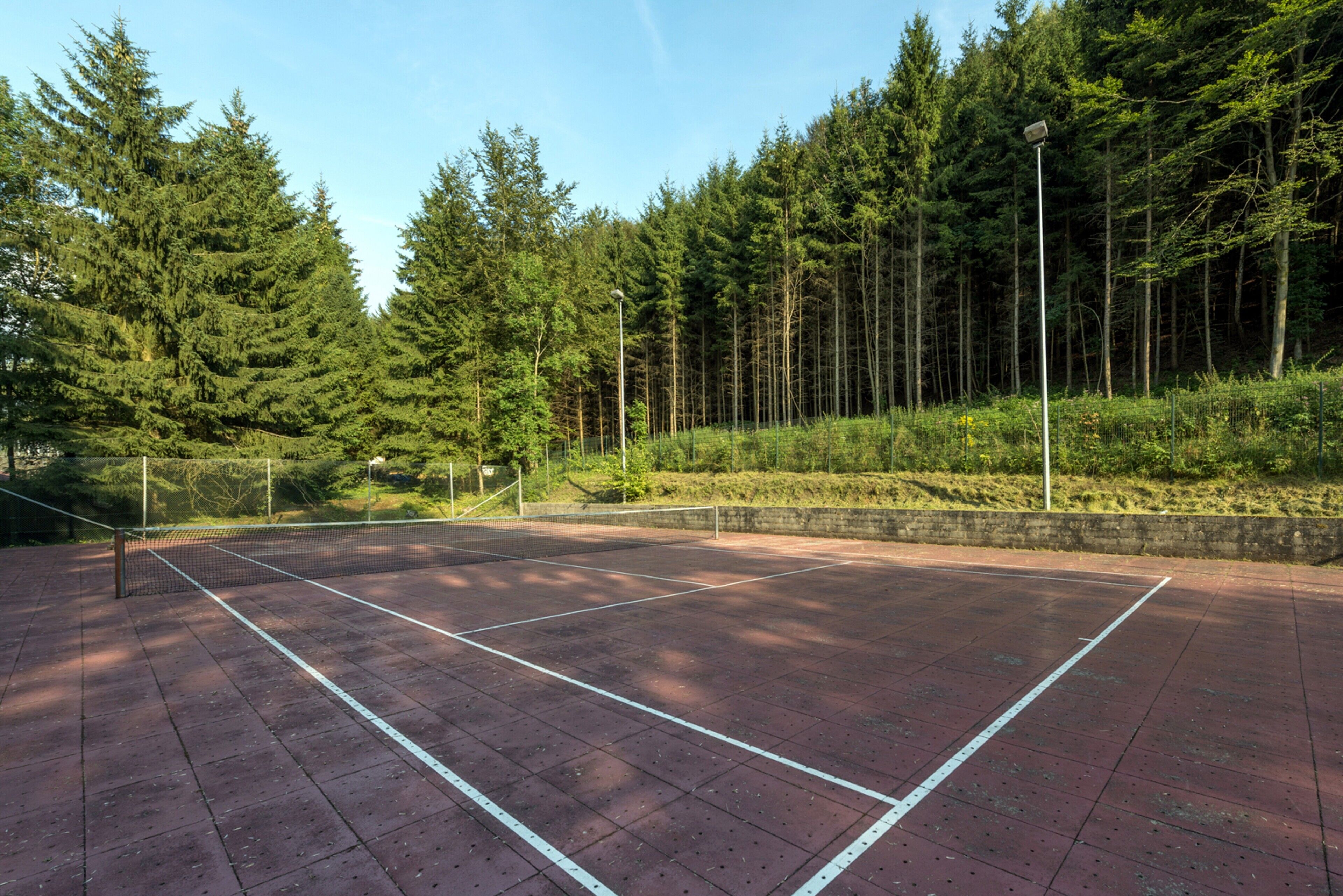 Una cancha de tenis al aire libre rodeada de un bosque frondoso.