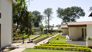 Un jardín bien cuidado con senderos, setos ordenados y una variedad de árboles.