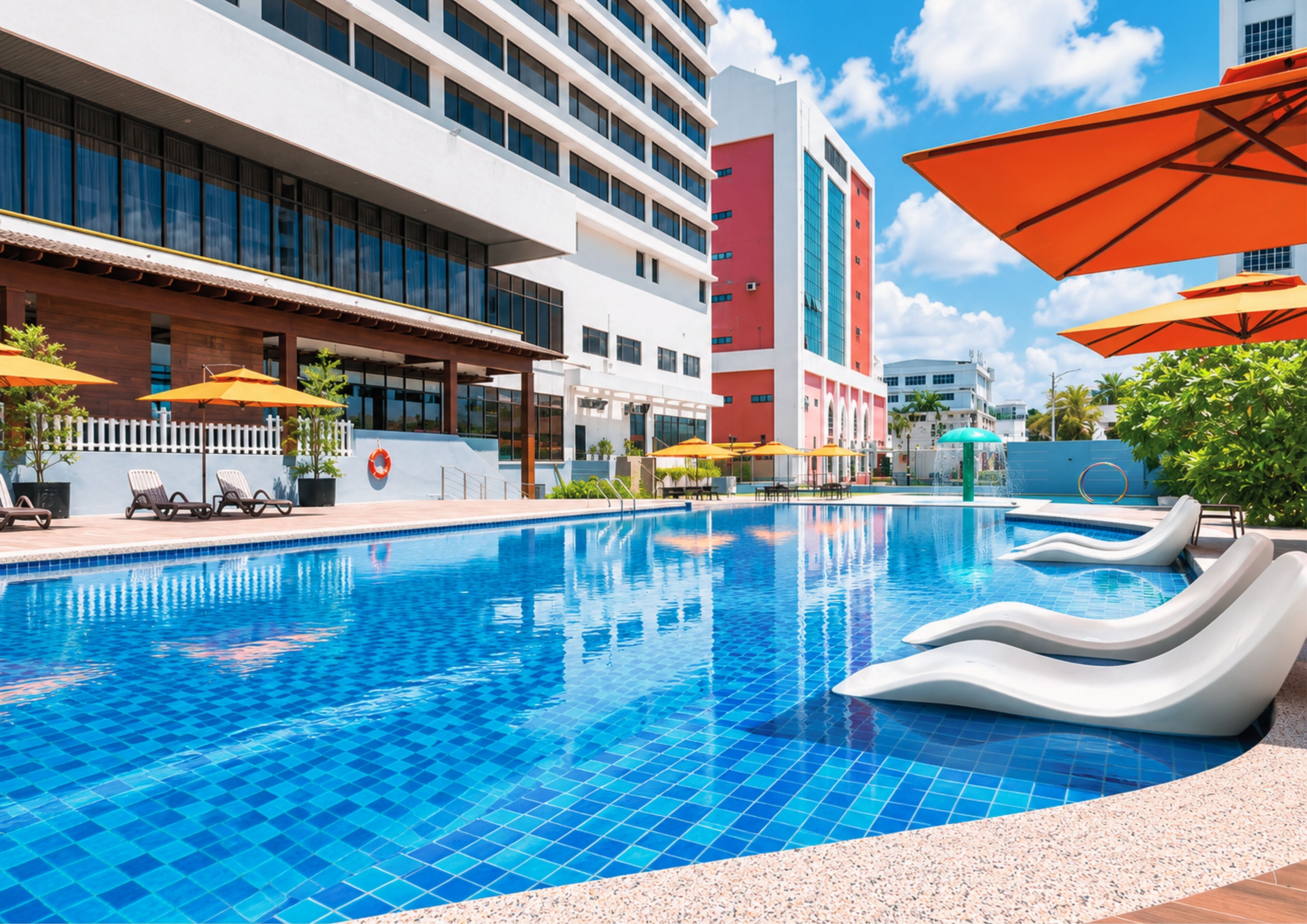 A swimming pool with slides, sun loungers, and umbrellas.