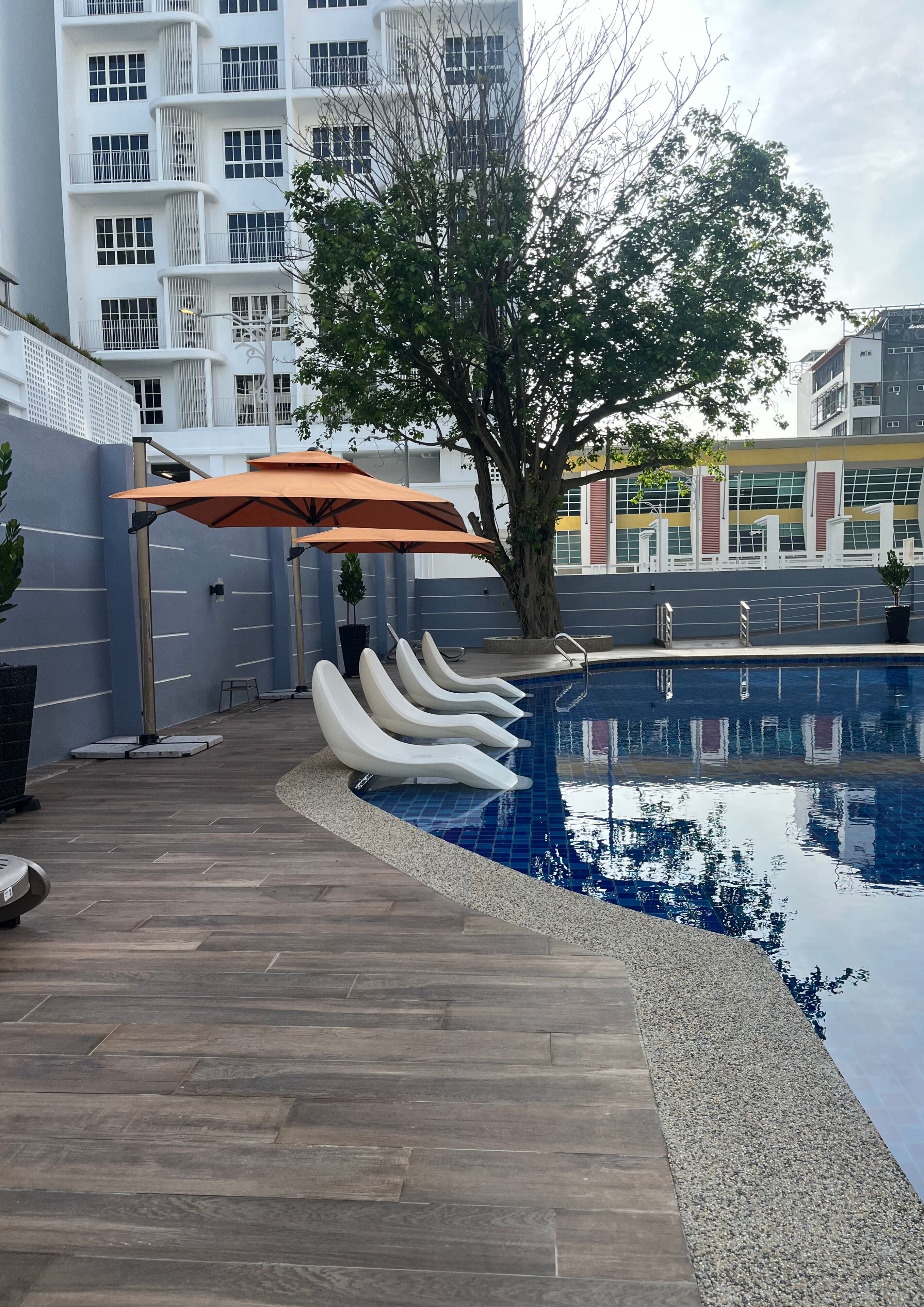 Una piscina con sillones de descanso y sombrillas, rodeada por una terraza de madera y un árbol.