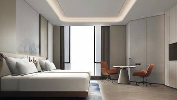 A modern hotel room with a large bed, a desk, two chairs, and a view of the city.