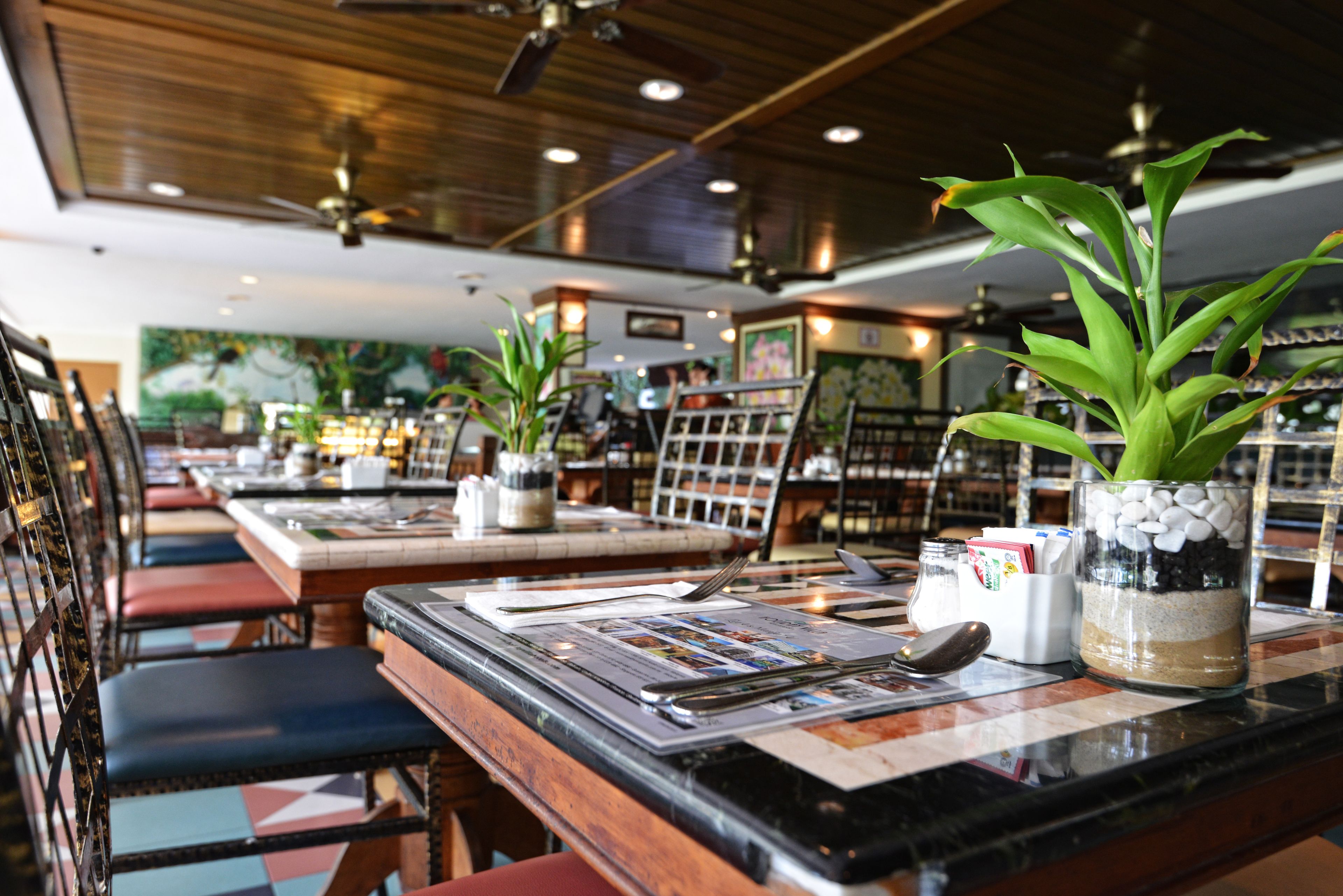 A restaurant interior with multiple tables, chairs, and potted plants.