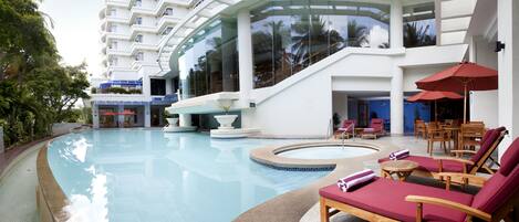 Outdoor pool, open 7:00 AM to 7:00 PM, pool umbrellas, pool loungers