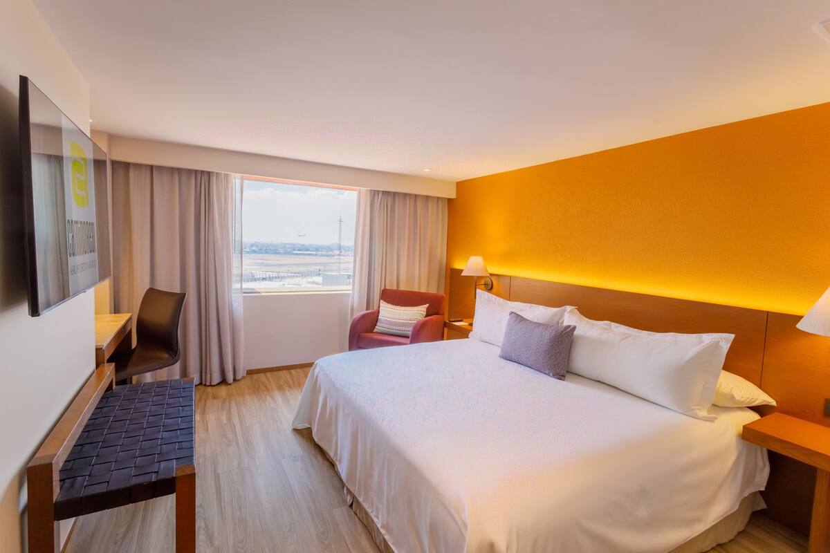 A hotel room with a bed, a desk, a chair, a TV, and a window with a view of the city.