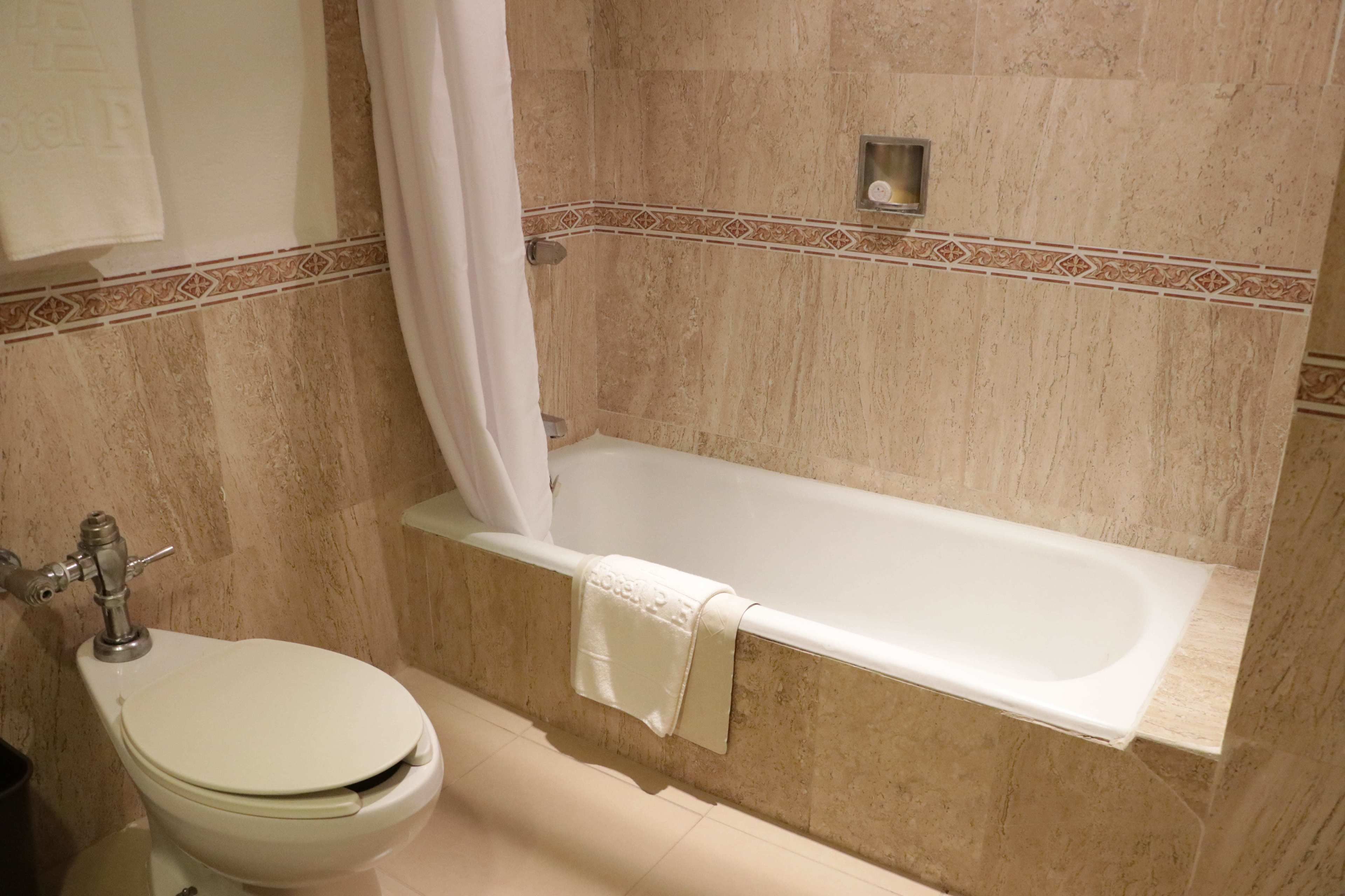 A bathroom with a toilet, a bathtub, and a shower curtain.