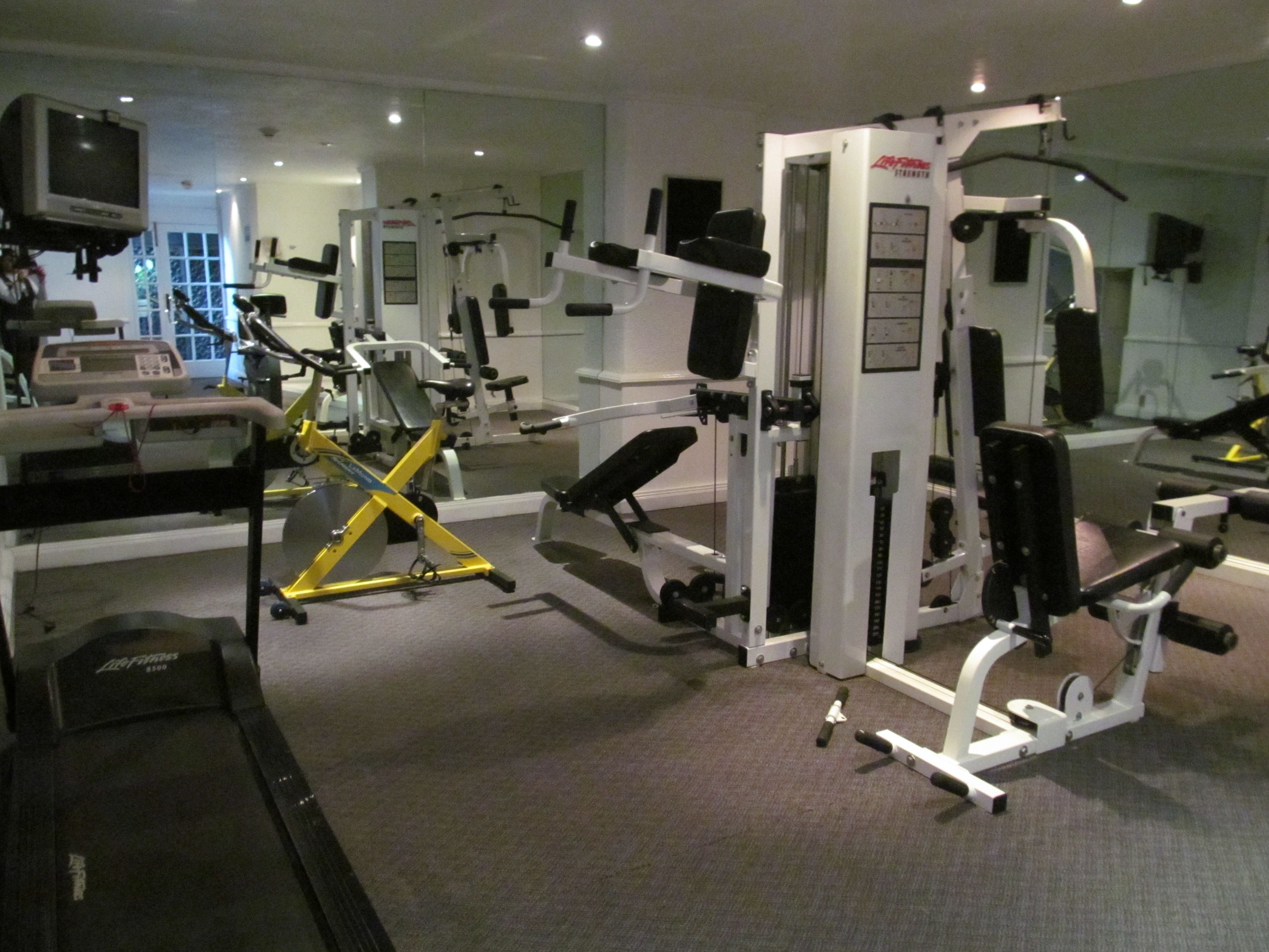 A gym with various exercise machines, mirrors, and a television.