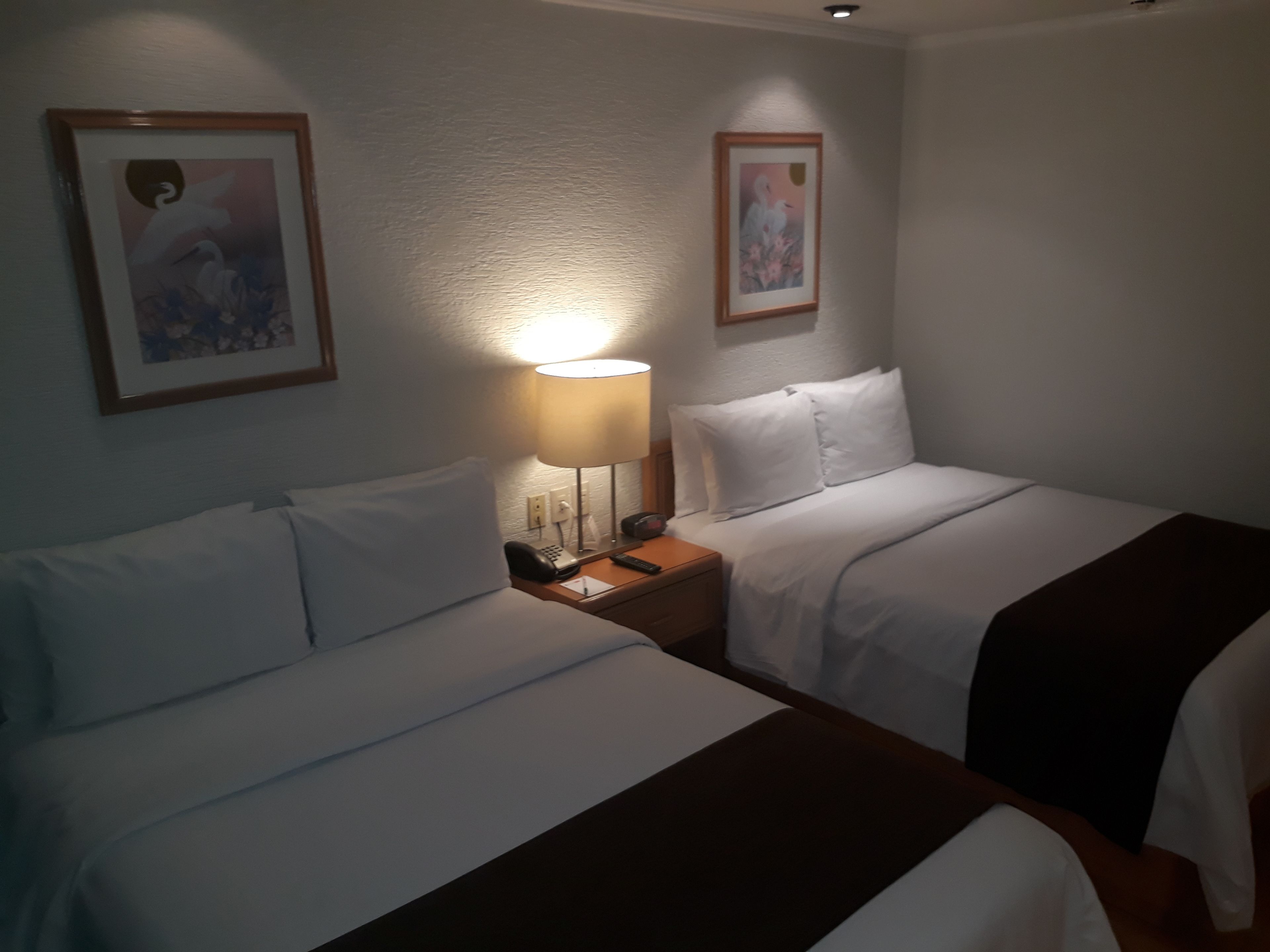 A hotel room with two beds, a nightstand with a lamp, and framed artwork on the walls.