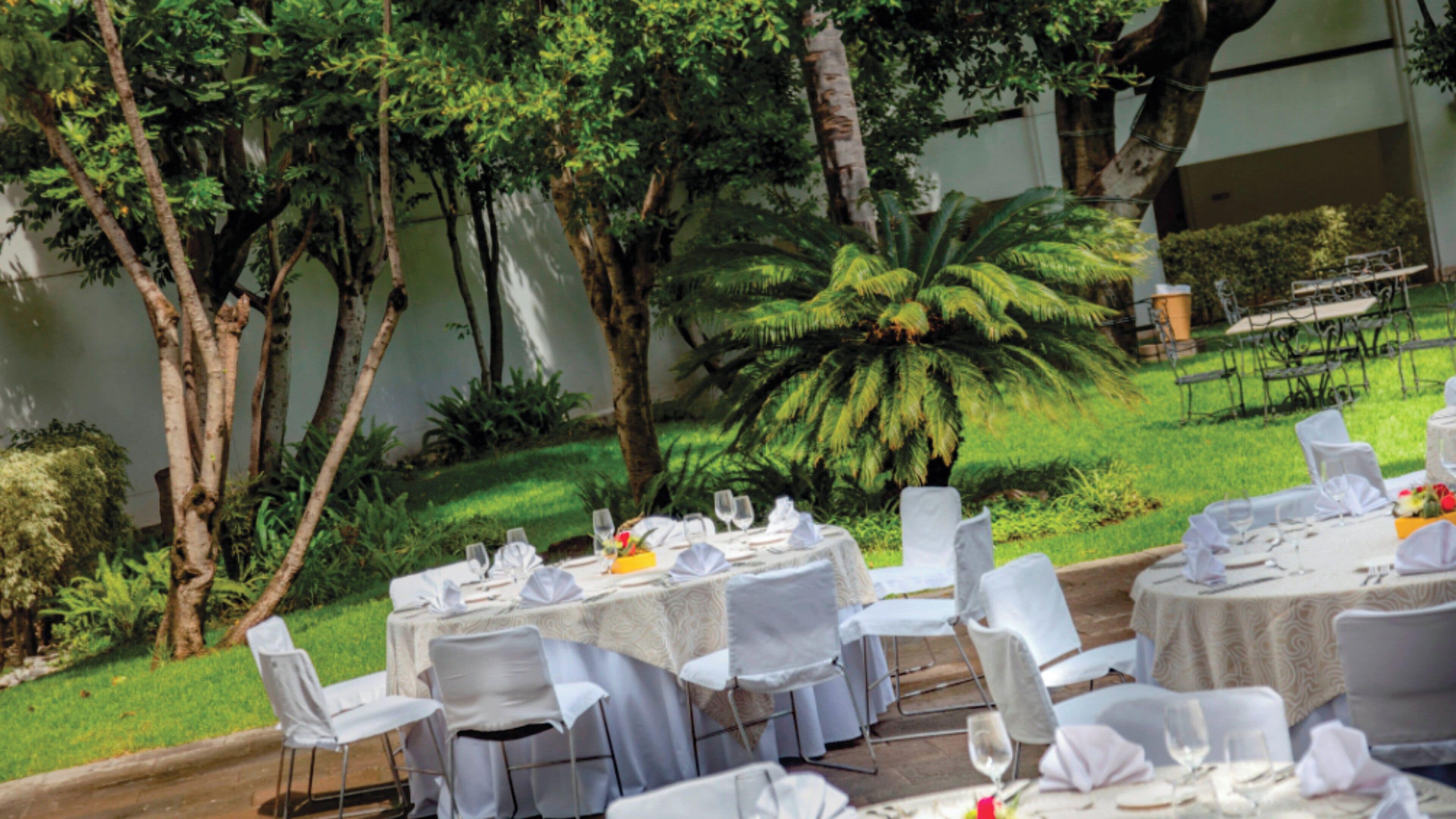 An outdoor dining area with round tables set for a meal, surrounded by greenery and trees.