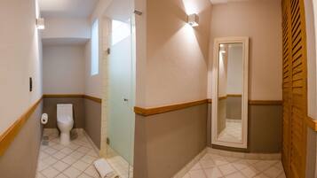 A bathroom with a toilet, a shower, and a mirror.