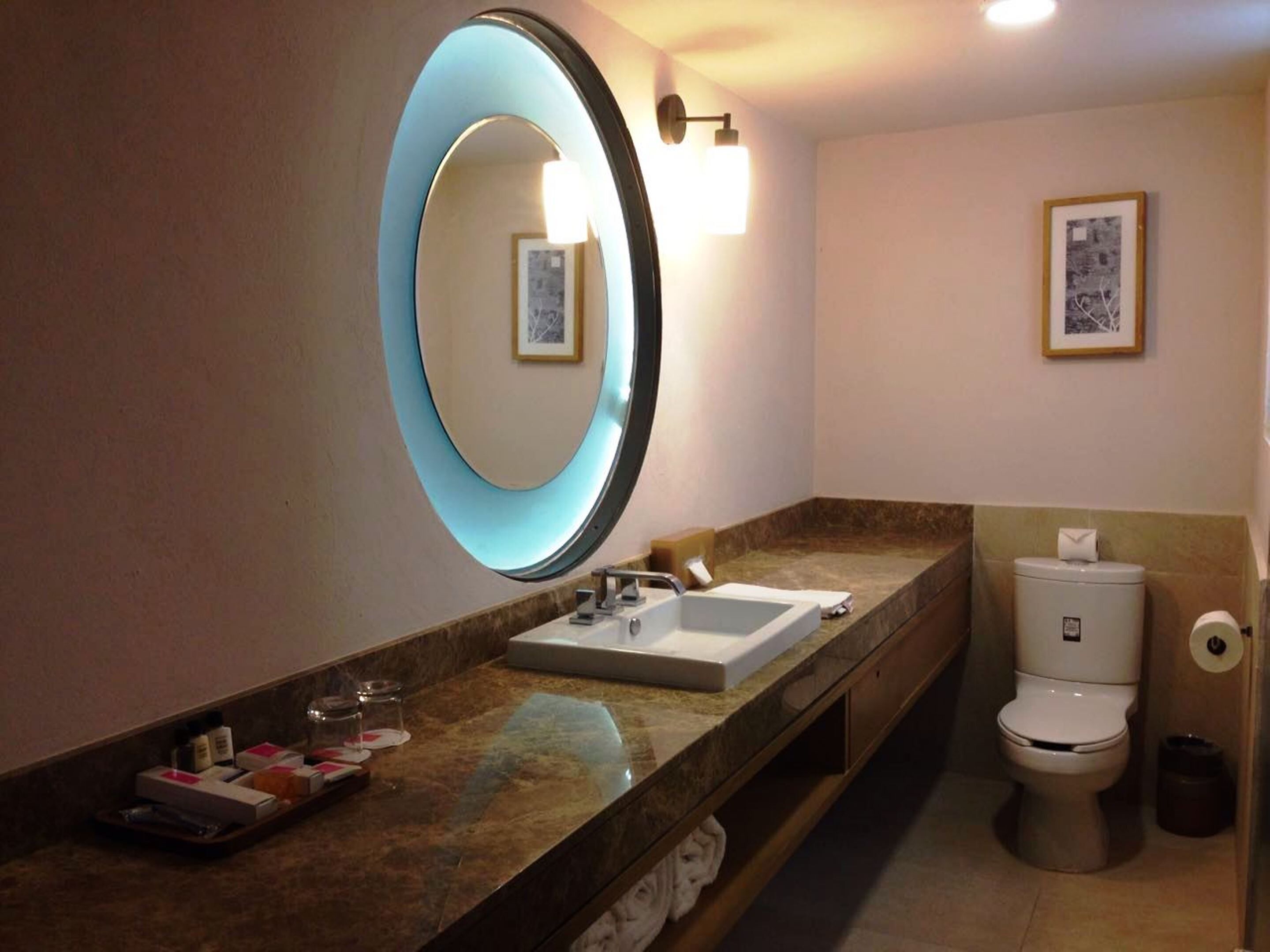 Un baño con encimera de mármol, un lavabo, un inodoro y un espejo grande con luz.