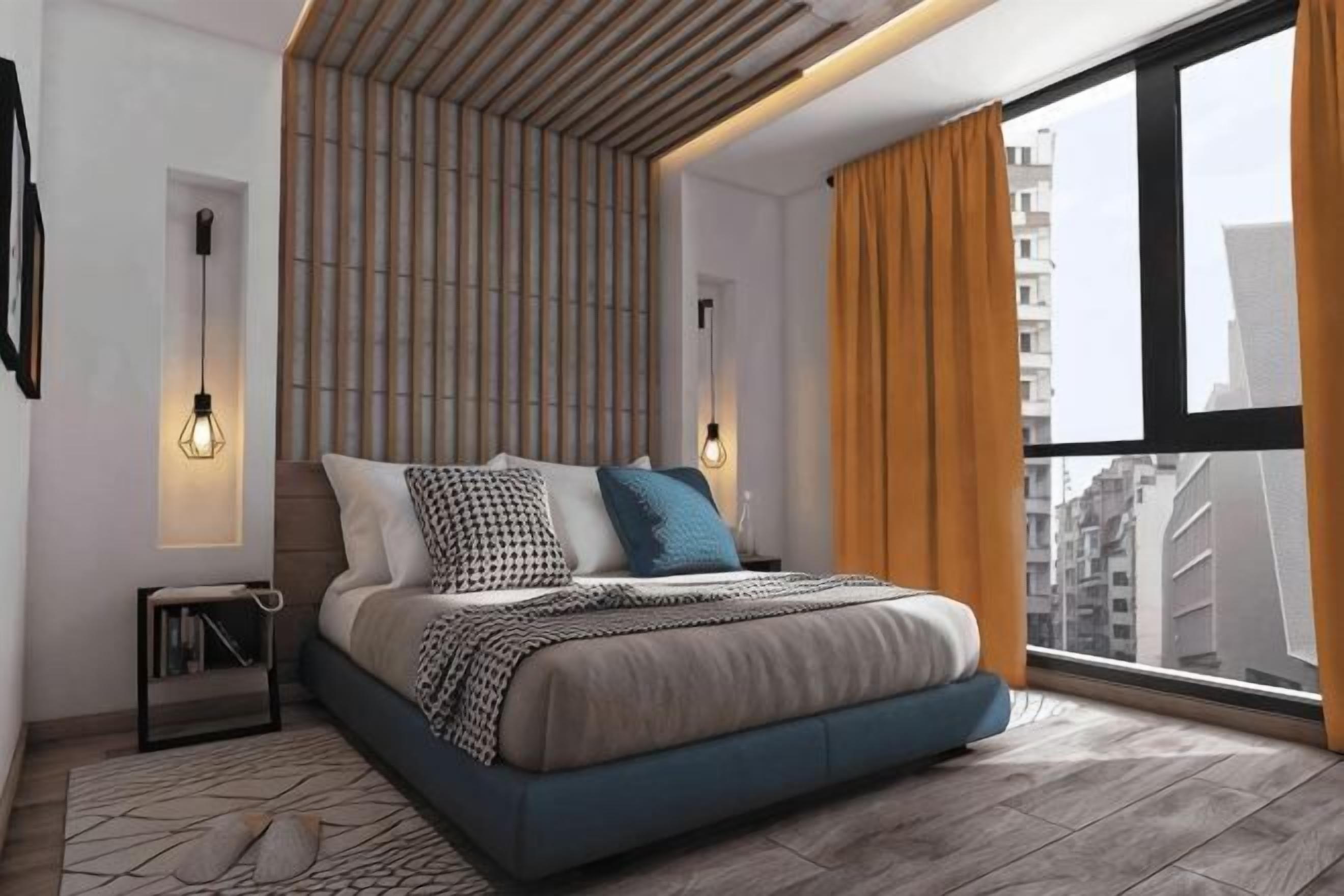 Une chambre à coucher moderne avec un lit, des tables de chevet et une grande fenêtre.