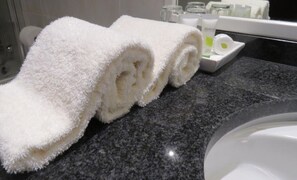 Combined shower/tub, free toiletries, hair dryer, bidet