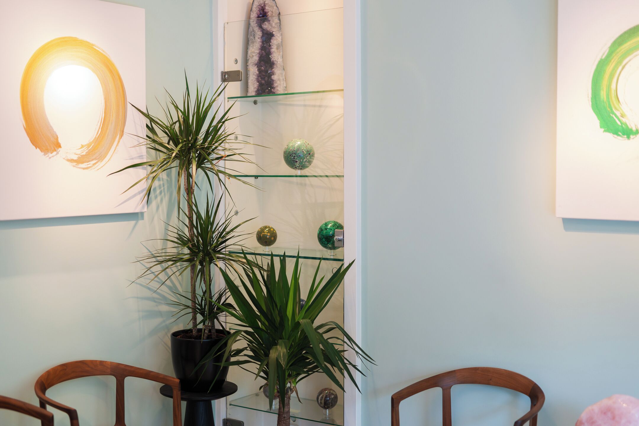 Uma área de recepção com uma planta em vaso, cadeiras de madeira e uma vitrine de vidro com objetos decorativos.