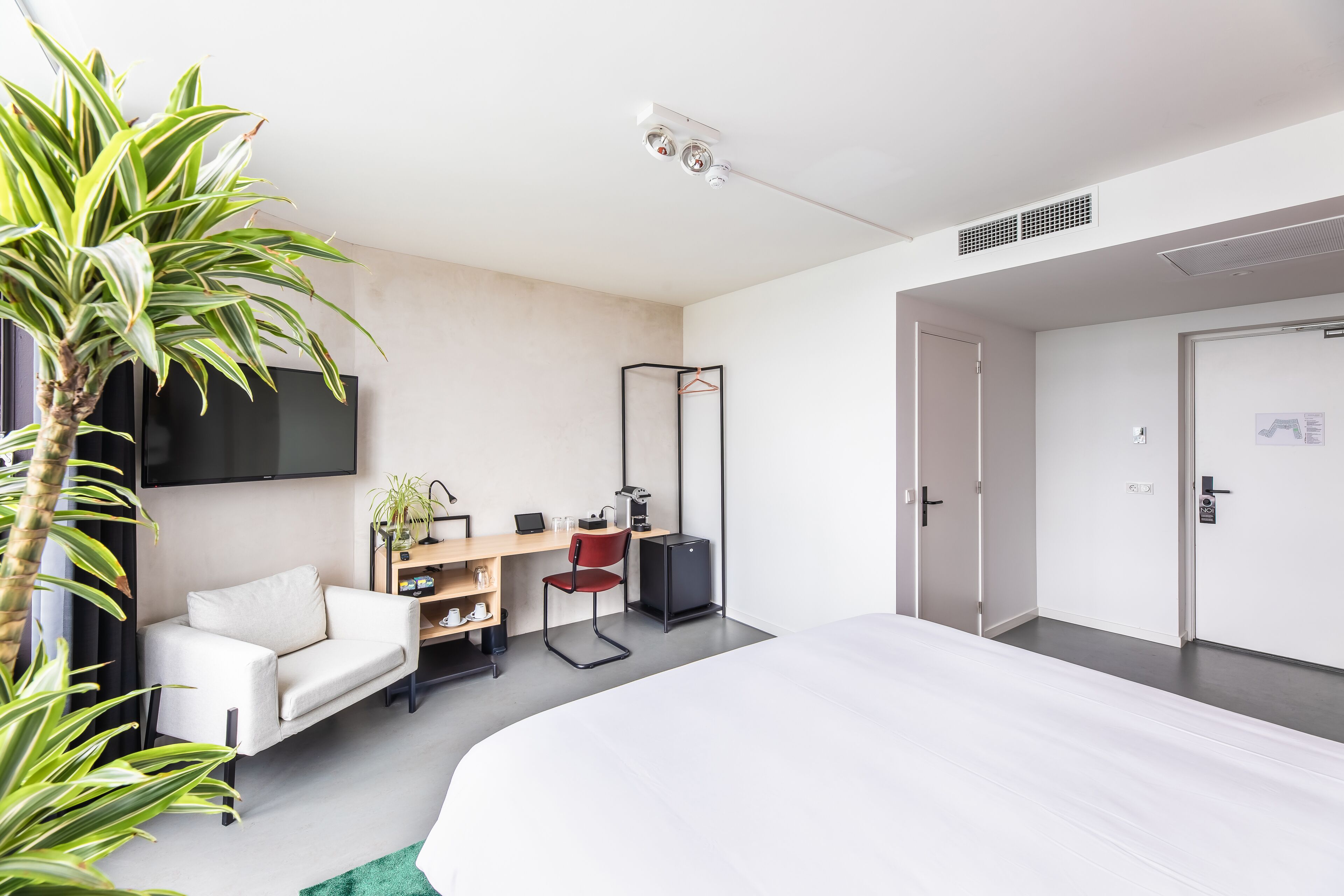 Habitación de hotel moderna con una cama, un escritorio con una silla, un televisor y una planta.