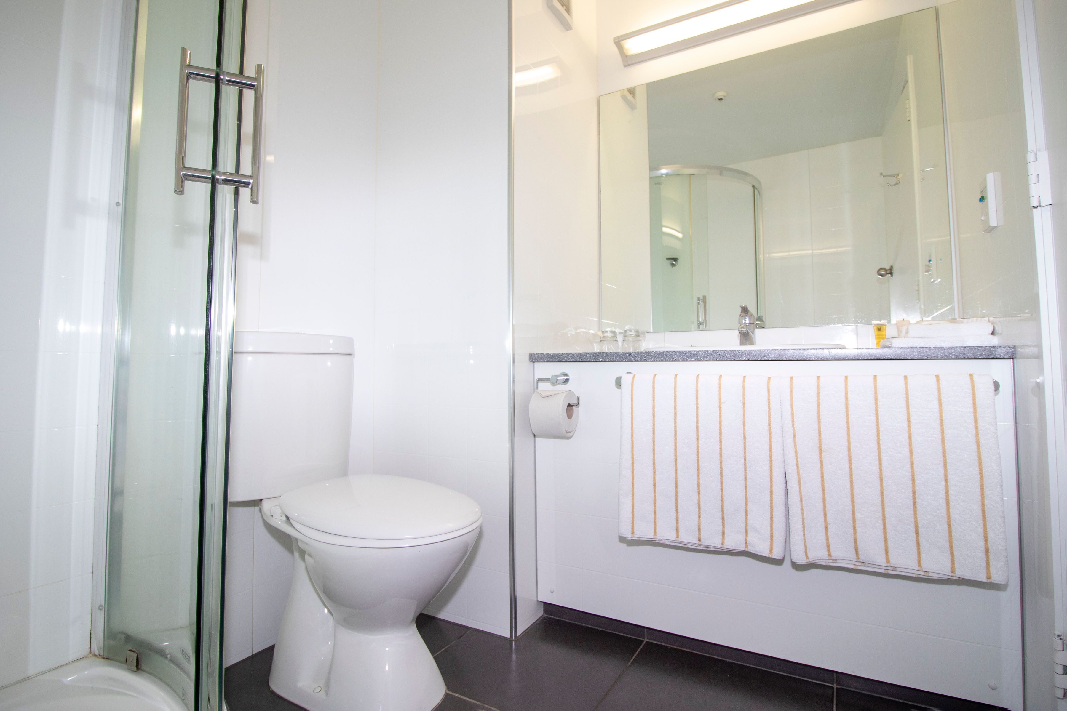Eco-friendly toiletries, hair dryer, towels, soap