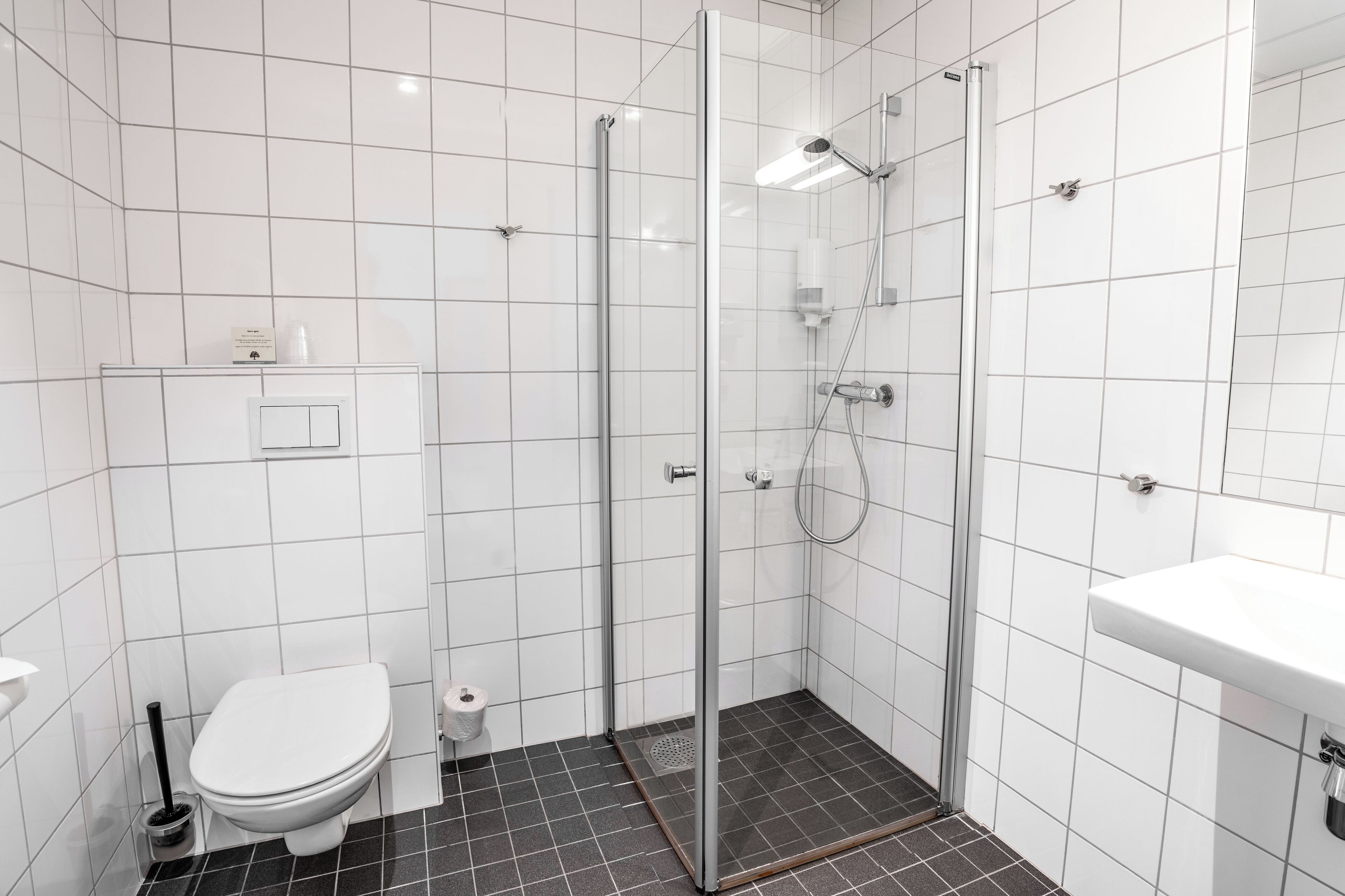 Ett modernt badrum med en duschkabin i glas, en vit toalett och ett handfat.