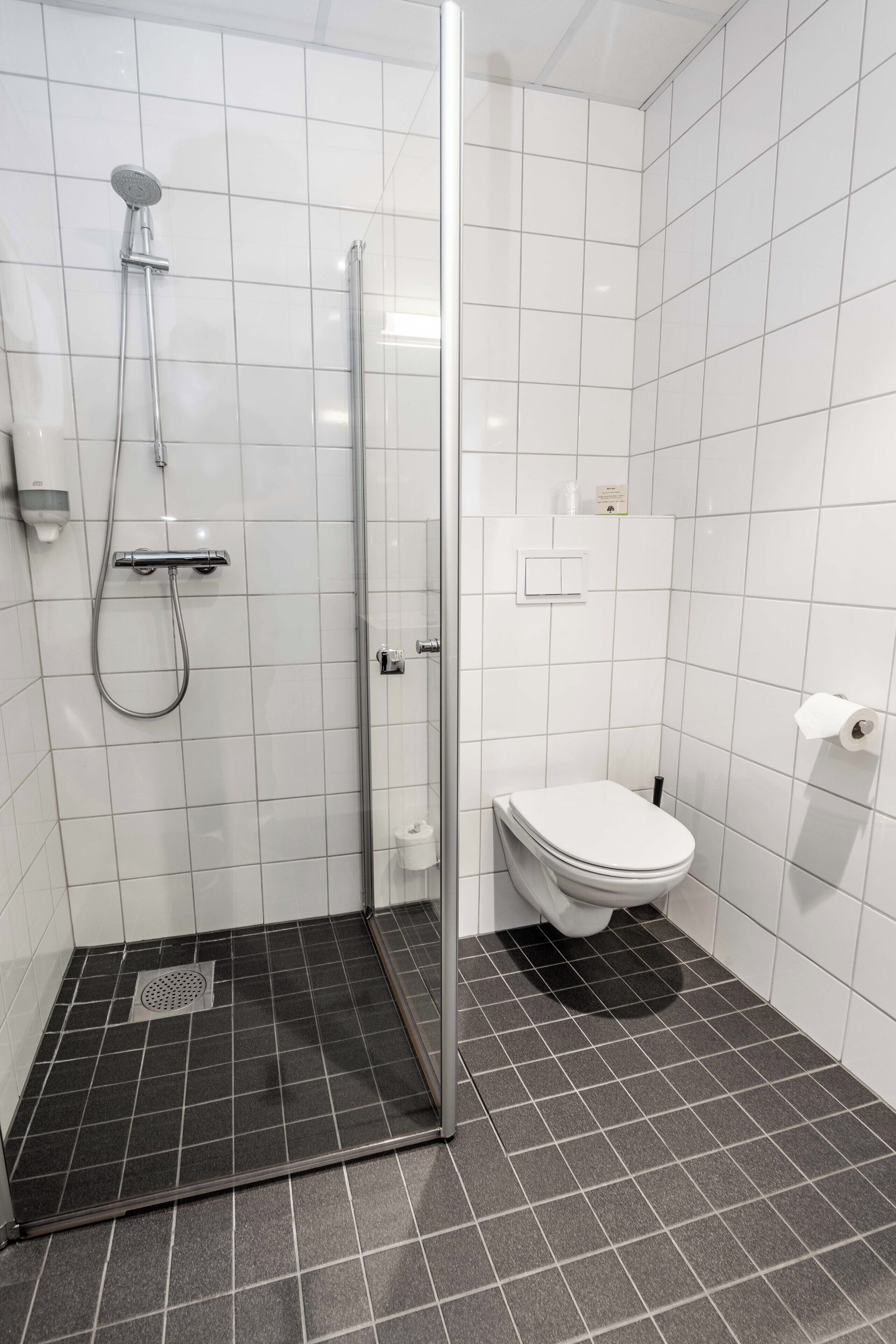 A bathroom with a shower, toilet, and tiled walls.